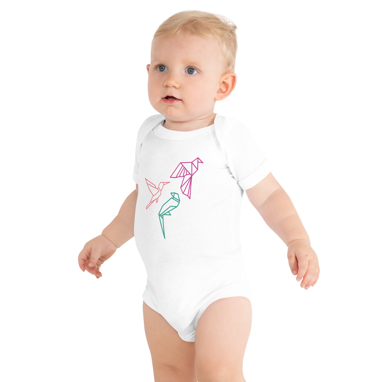 Baby with a white short sleeve one piece with three birds in Orange, Green and Pink