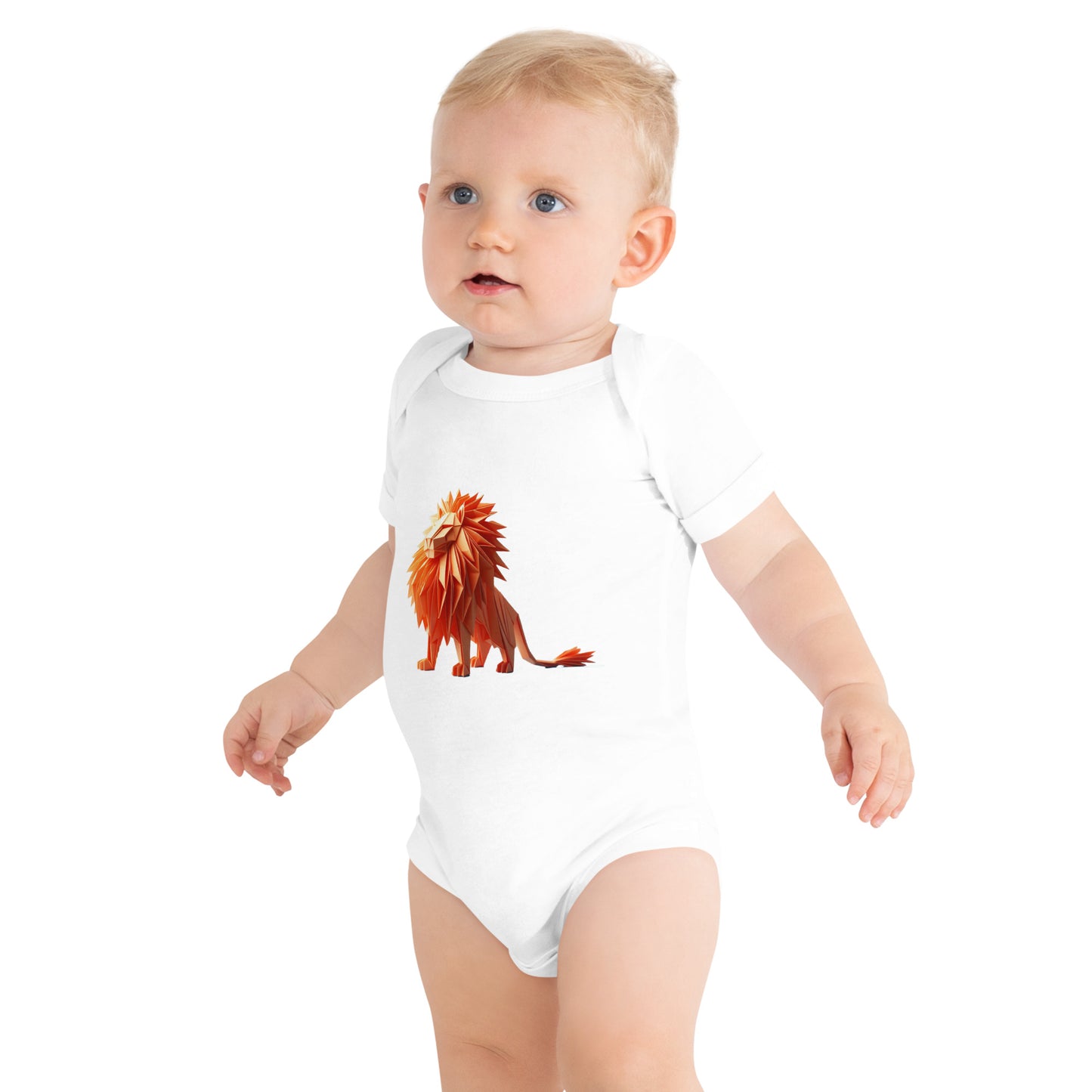 Baby with a white bodysuit with a print of a lion