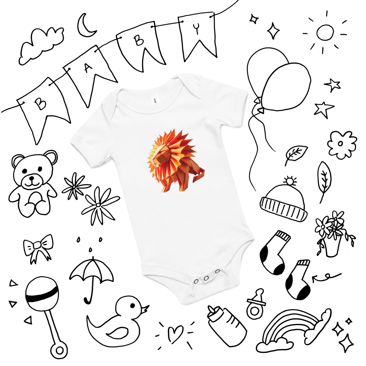 Baby with white bodysuit with print of a lion