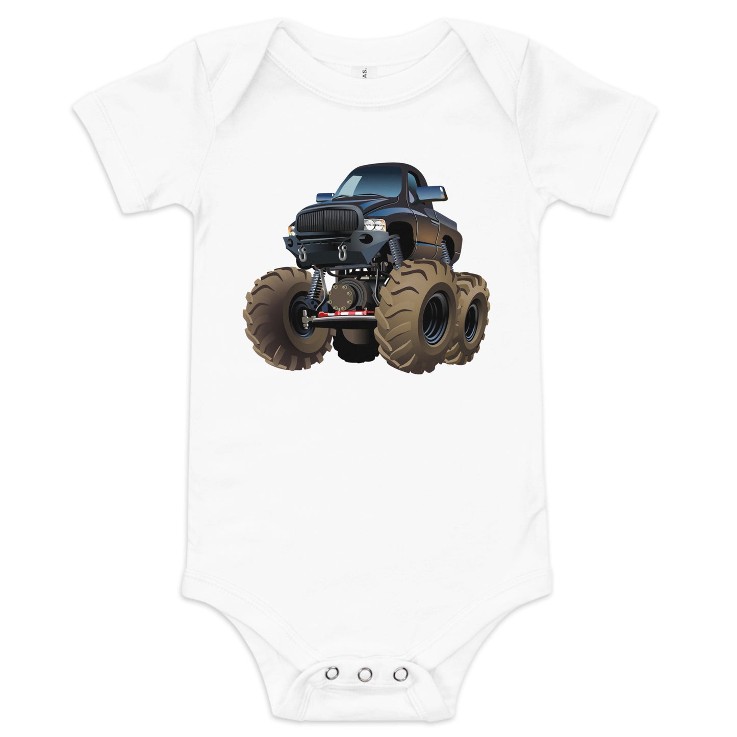 White short sleeve one piece with picture of a monstertruck