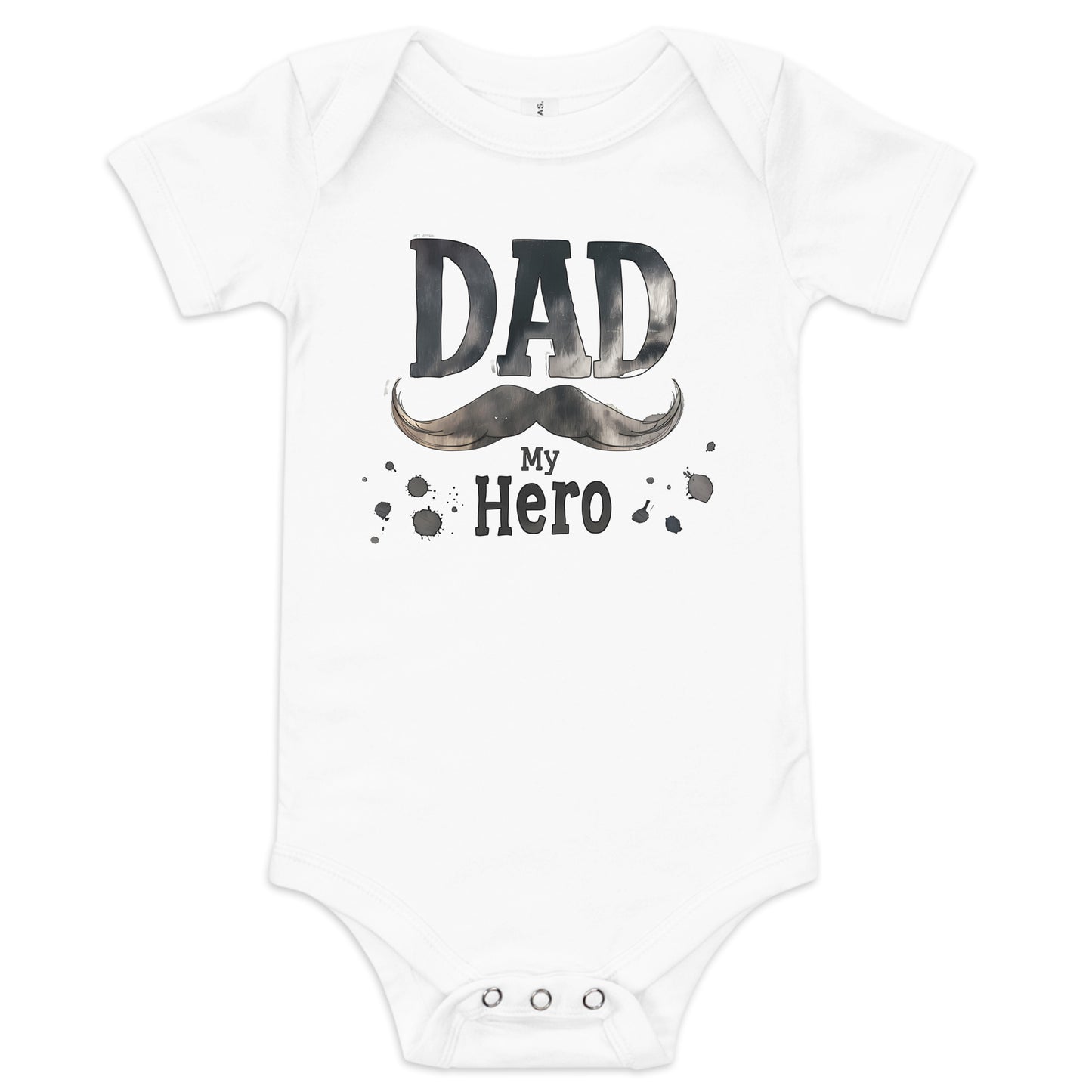 white baby short sleeve one piece with text "Dad my Hero"