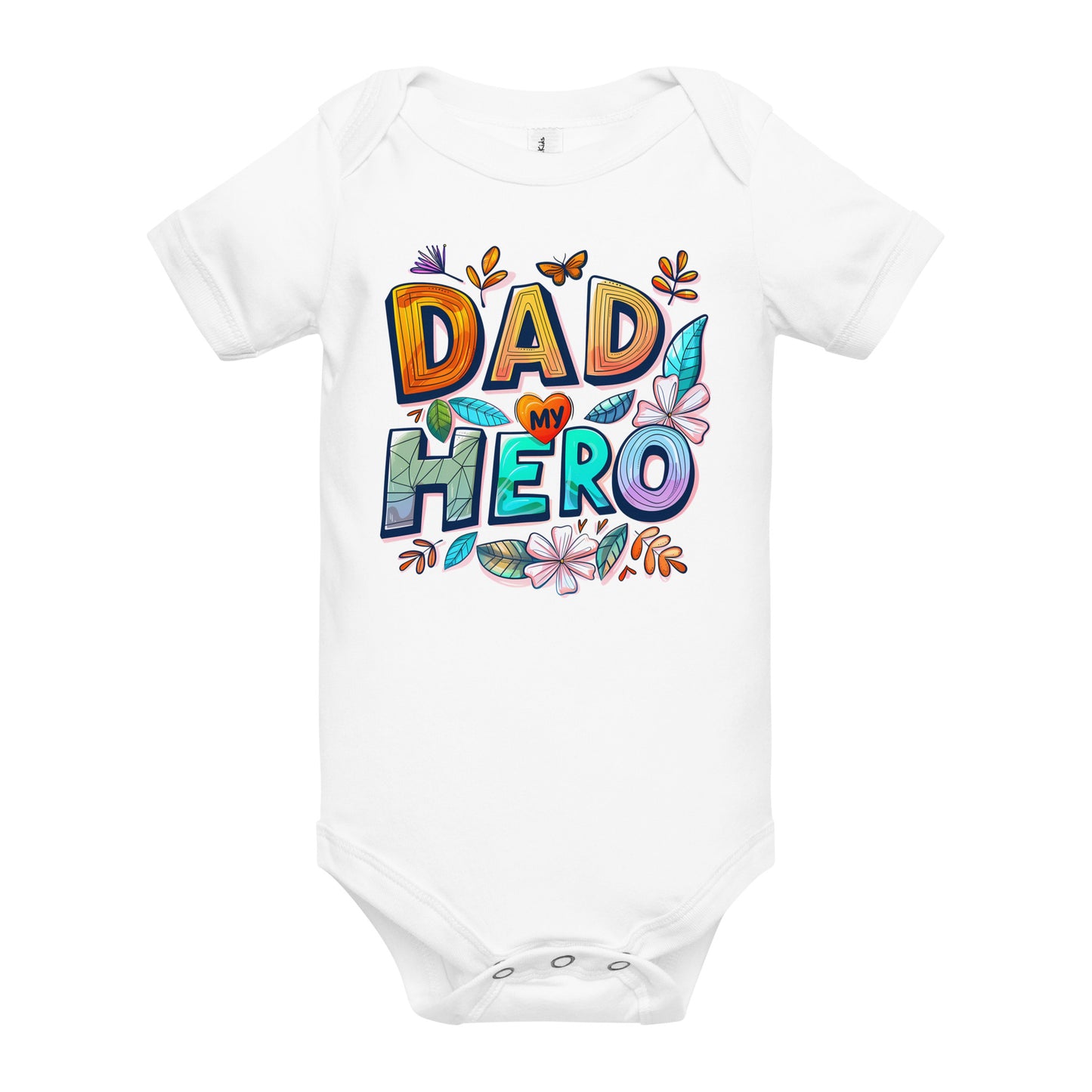 white baby short sleeve one piece with text "Dad my Hero"