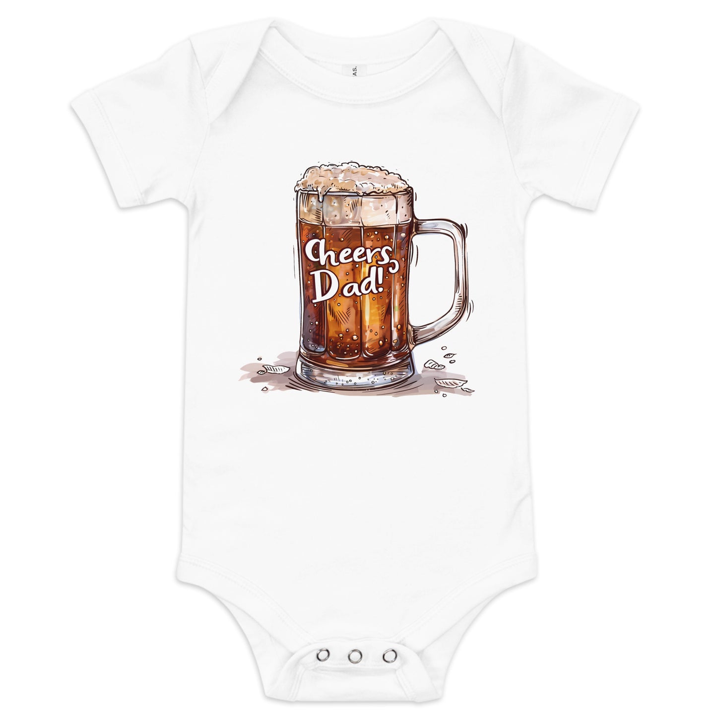 white baby short sleeve one piece with picture of glass of beer with text "Cheers dad"
