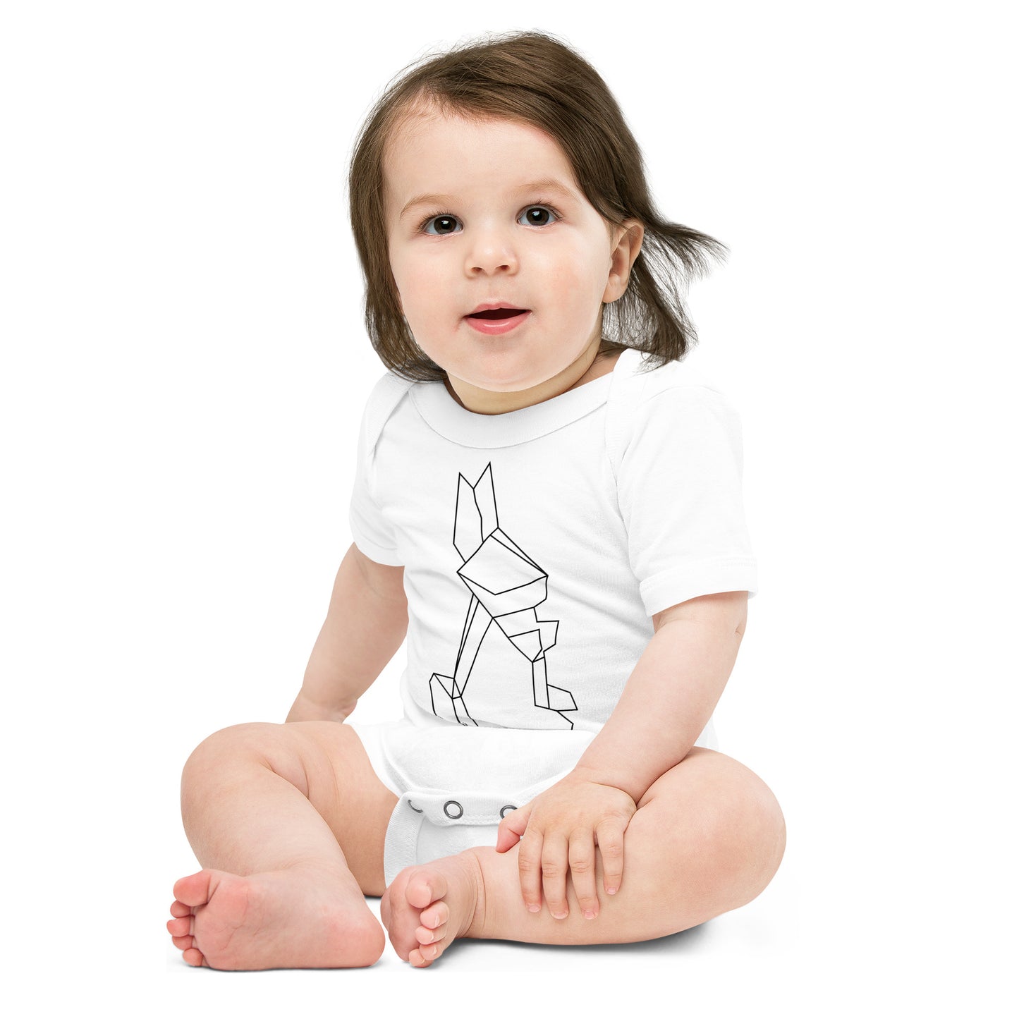 Baby with white body with a print of origami rabbit