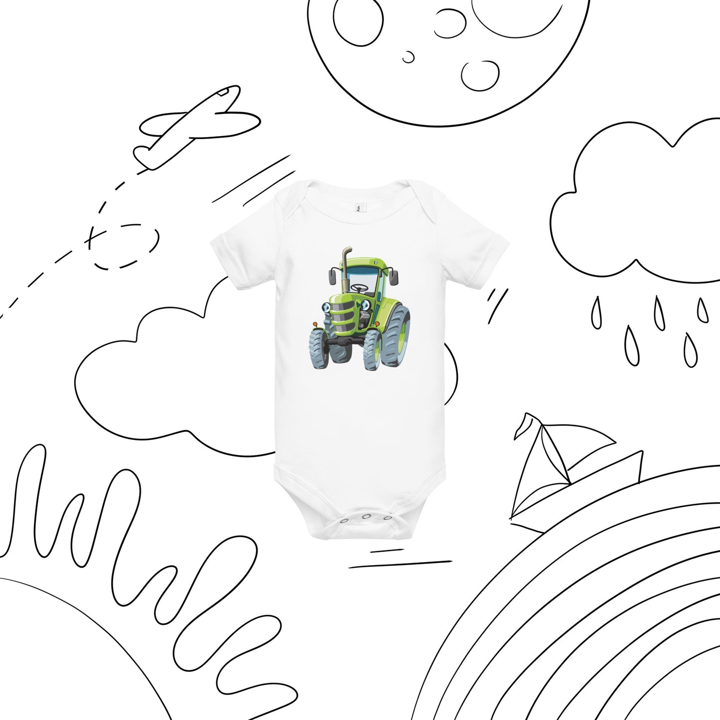 White short sleeve one piece with a print of a green tractor