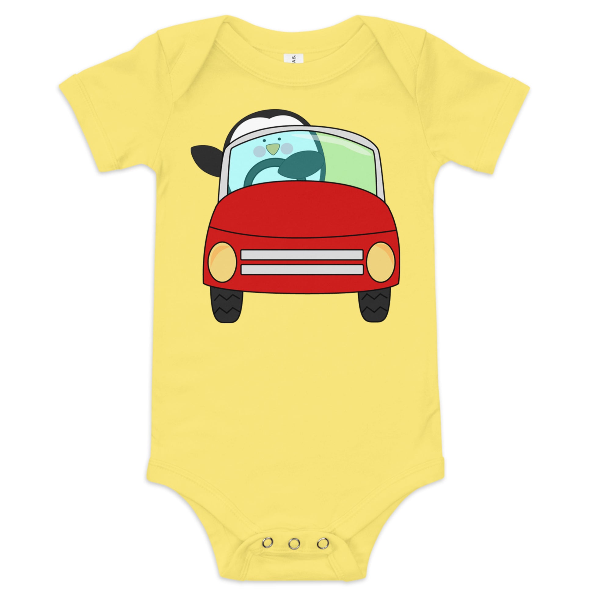 yellow baby short sleeve one piece with picture of penguin driving a red car