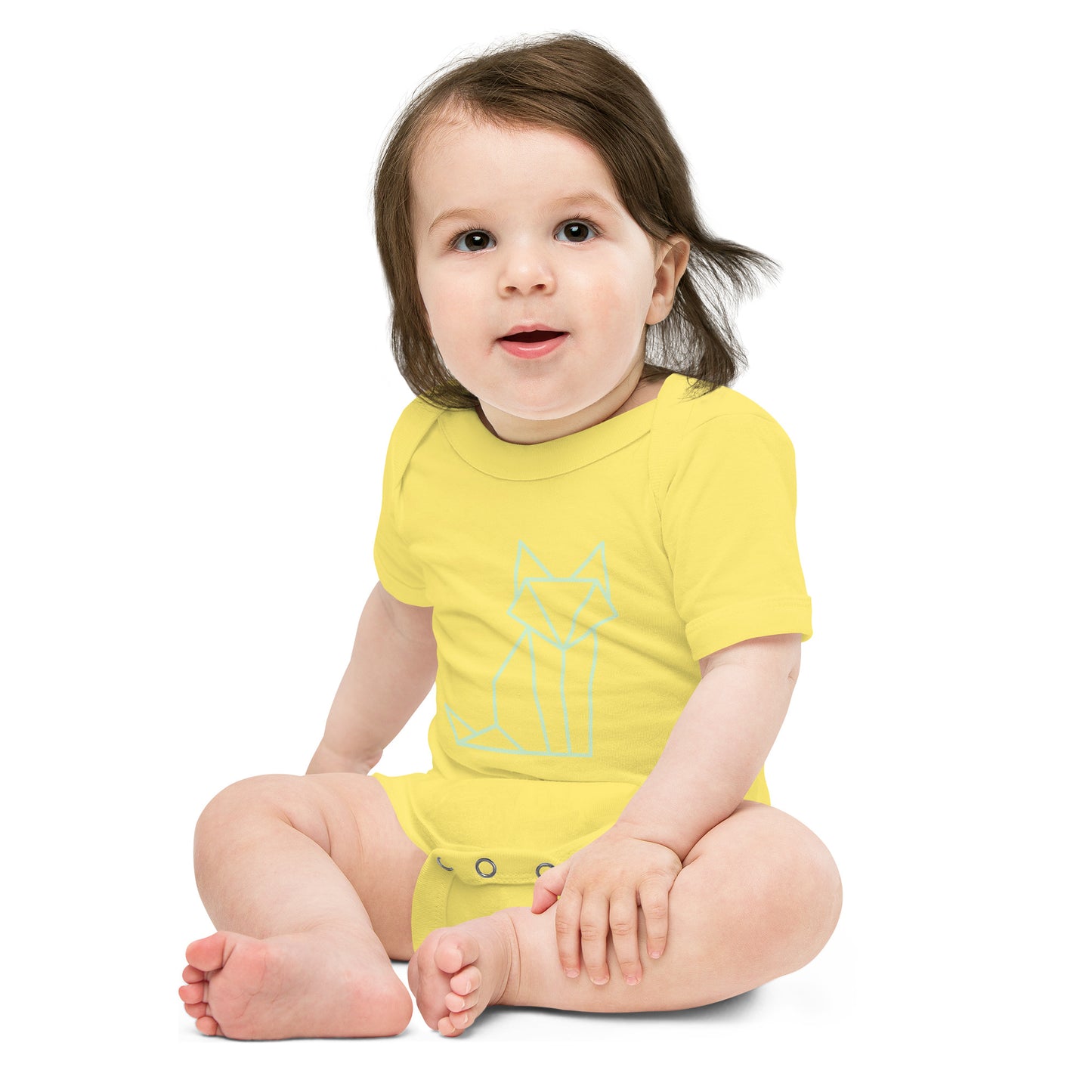 Baby with a yellow short sleeve one piece with a print of a fox in green