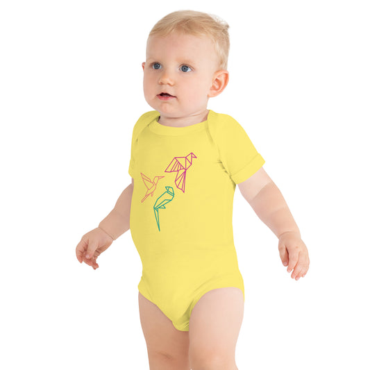Baby with a Yellow short sleeve one piece with three birds in Orange, Green and Pink