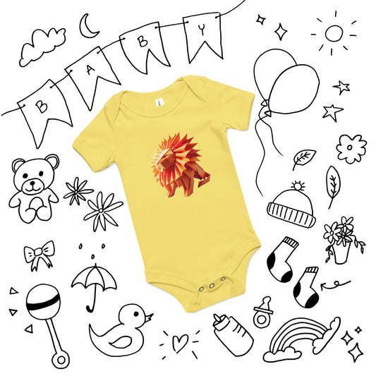 Baby with yellow bodysuit with print of a lion