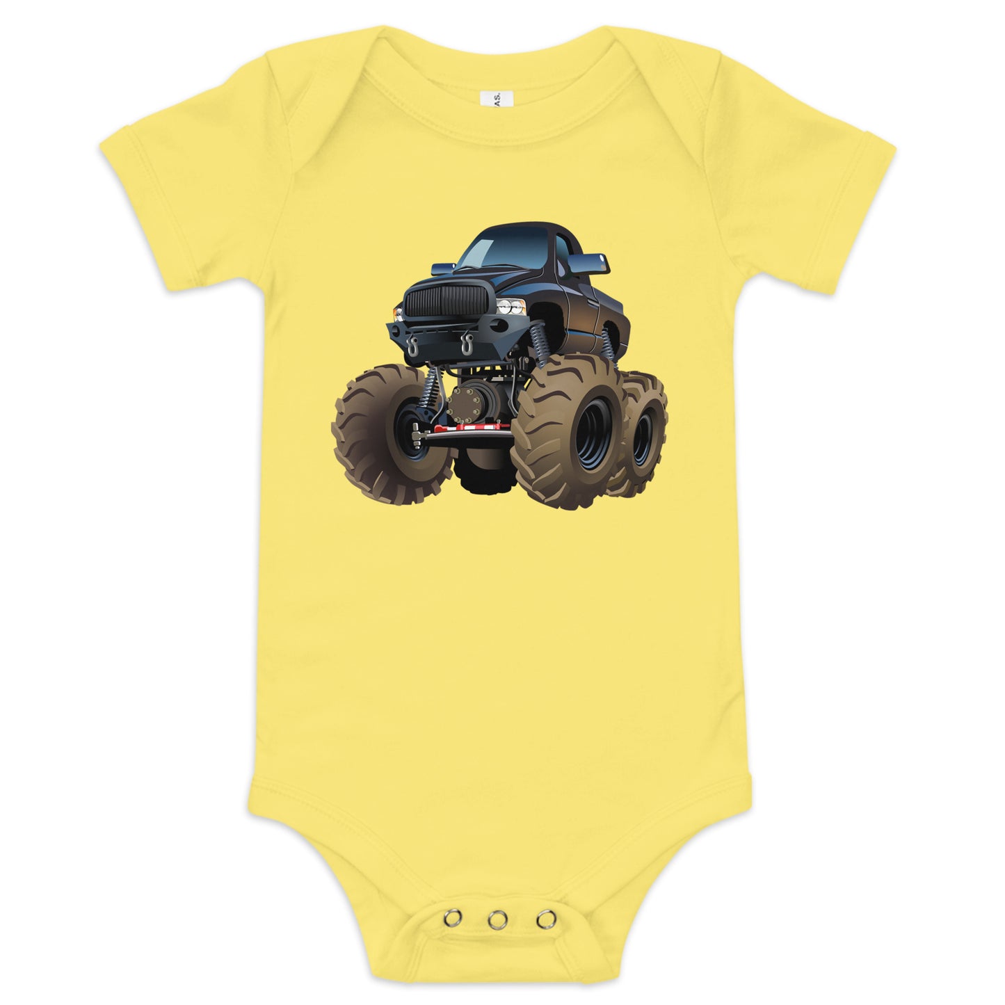 Yellow short sleeve one piece with picture of a monstertruck