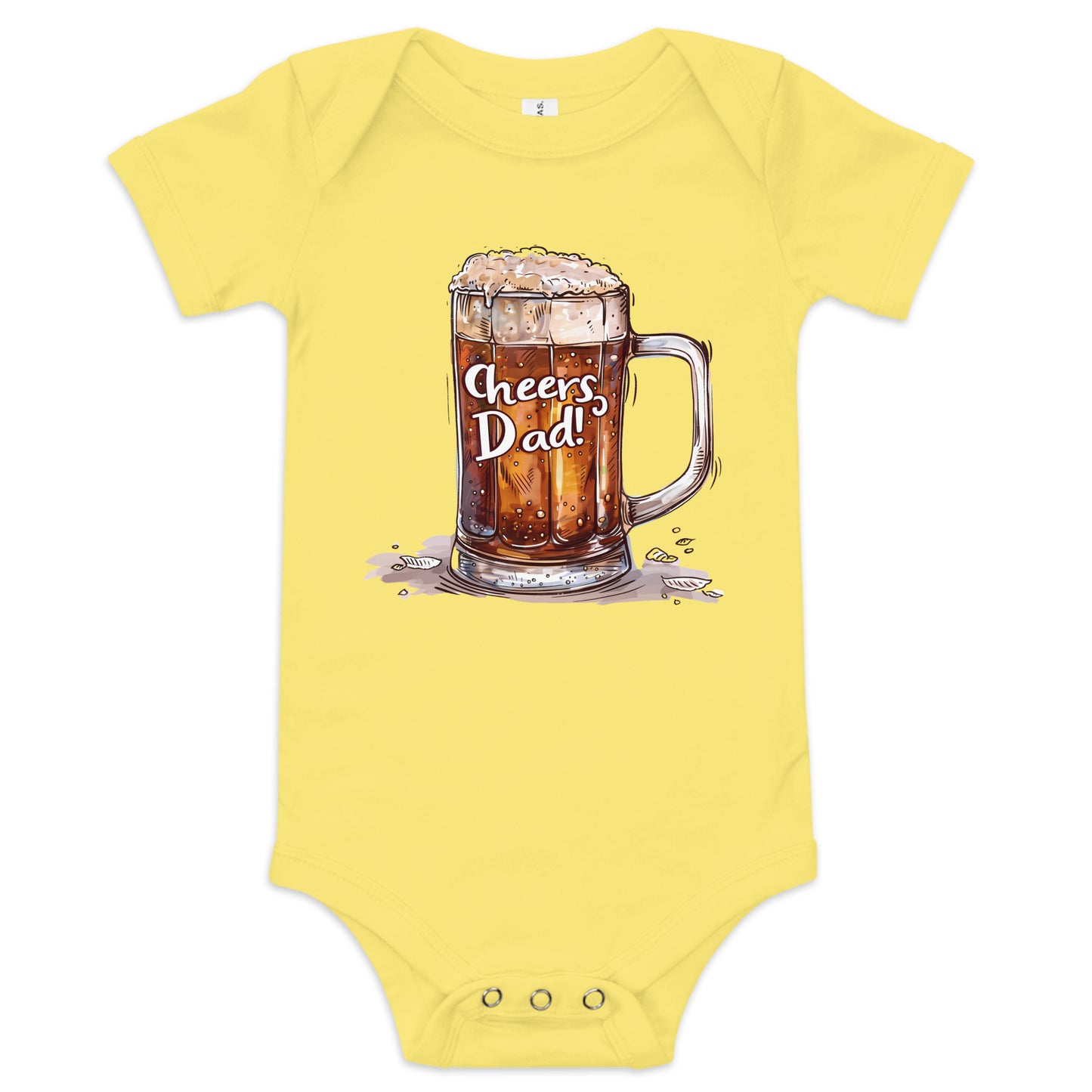 Yellow baby short sleeve one piece with picture of glass of beer with text "Cheers dad"