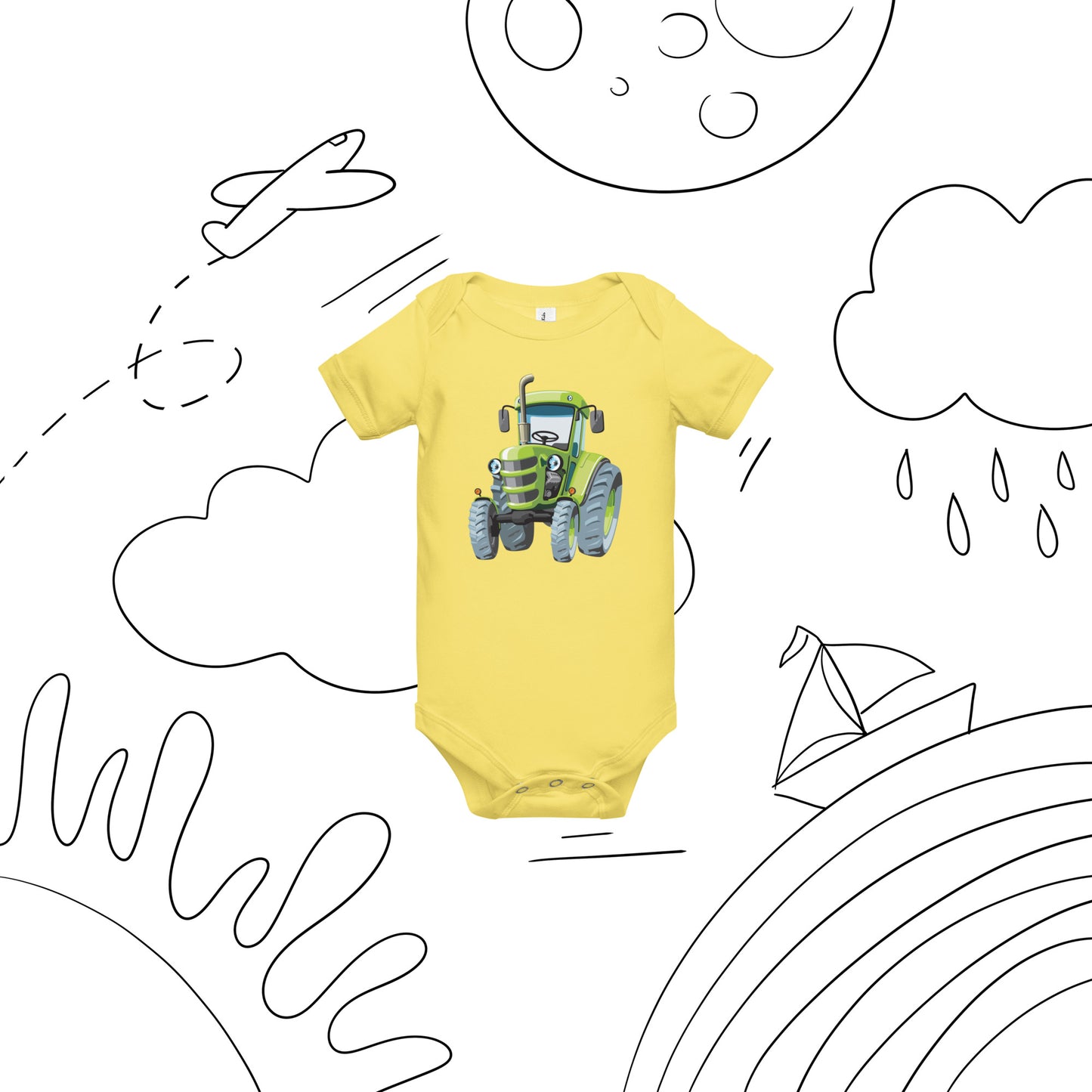 Yellow short sleeve one piece with a print of a green tractor