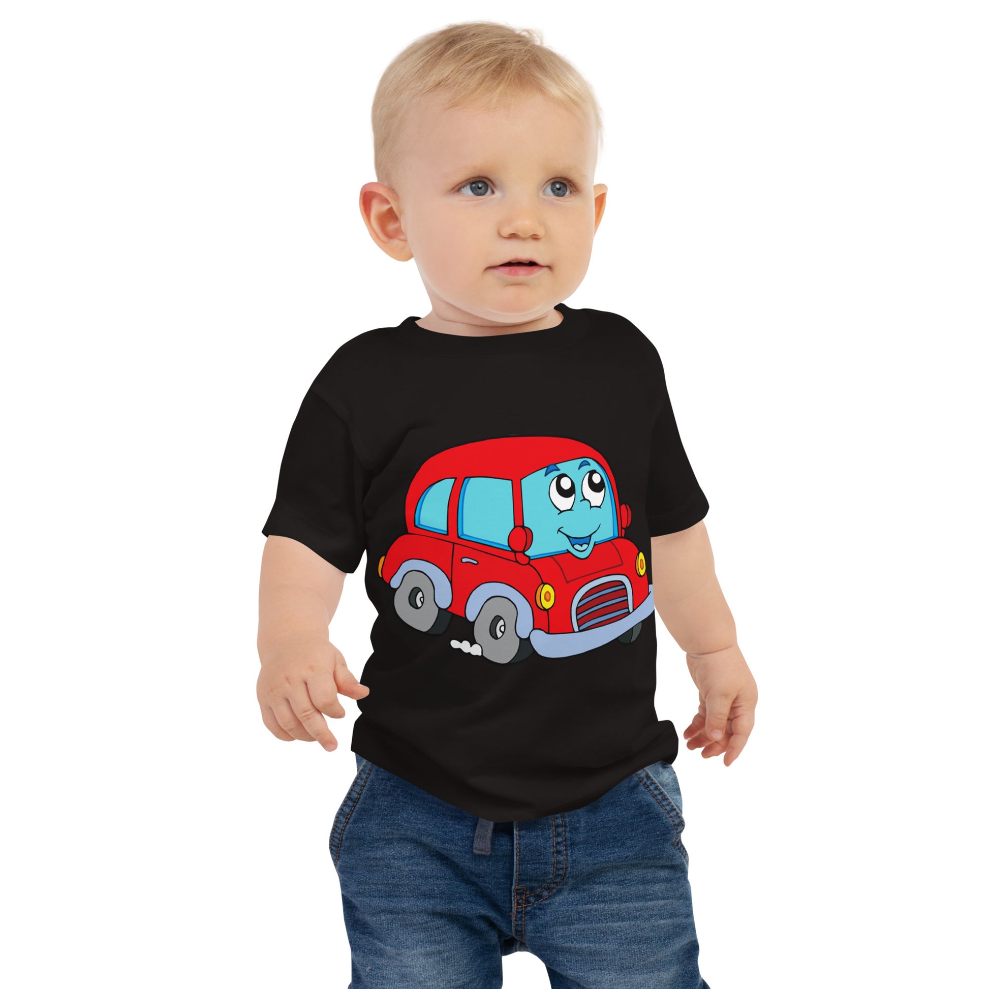 toddler with black short sleeve one piece with picture of a red car