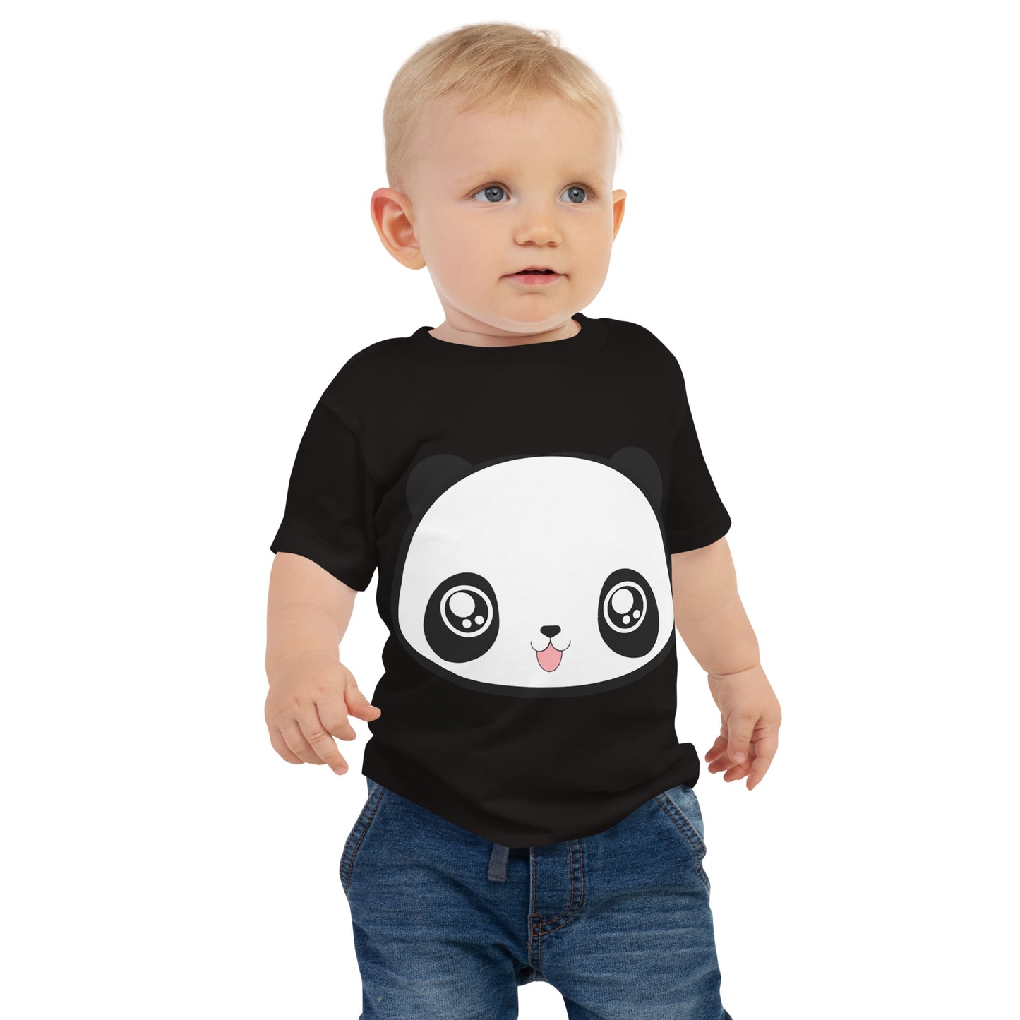 Baby with black T-shirt with print of panda head