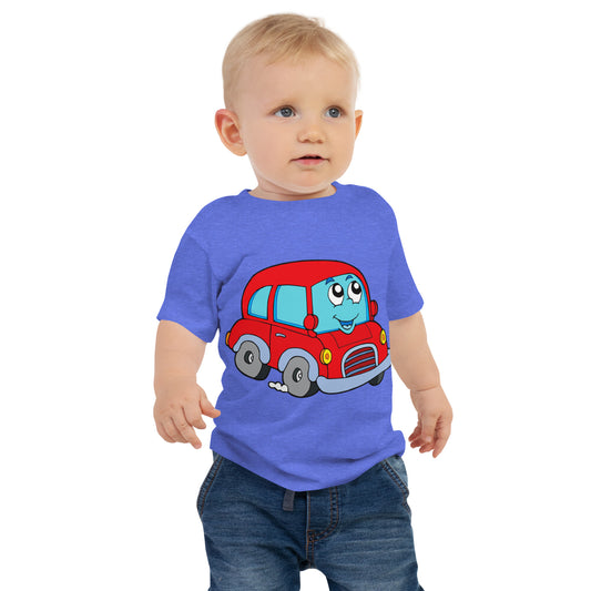 toddler with blue short sleeve one piece with picture of a red car