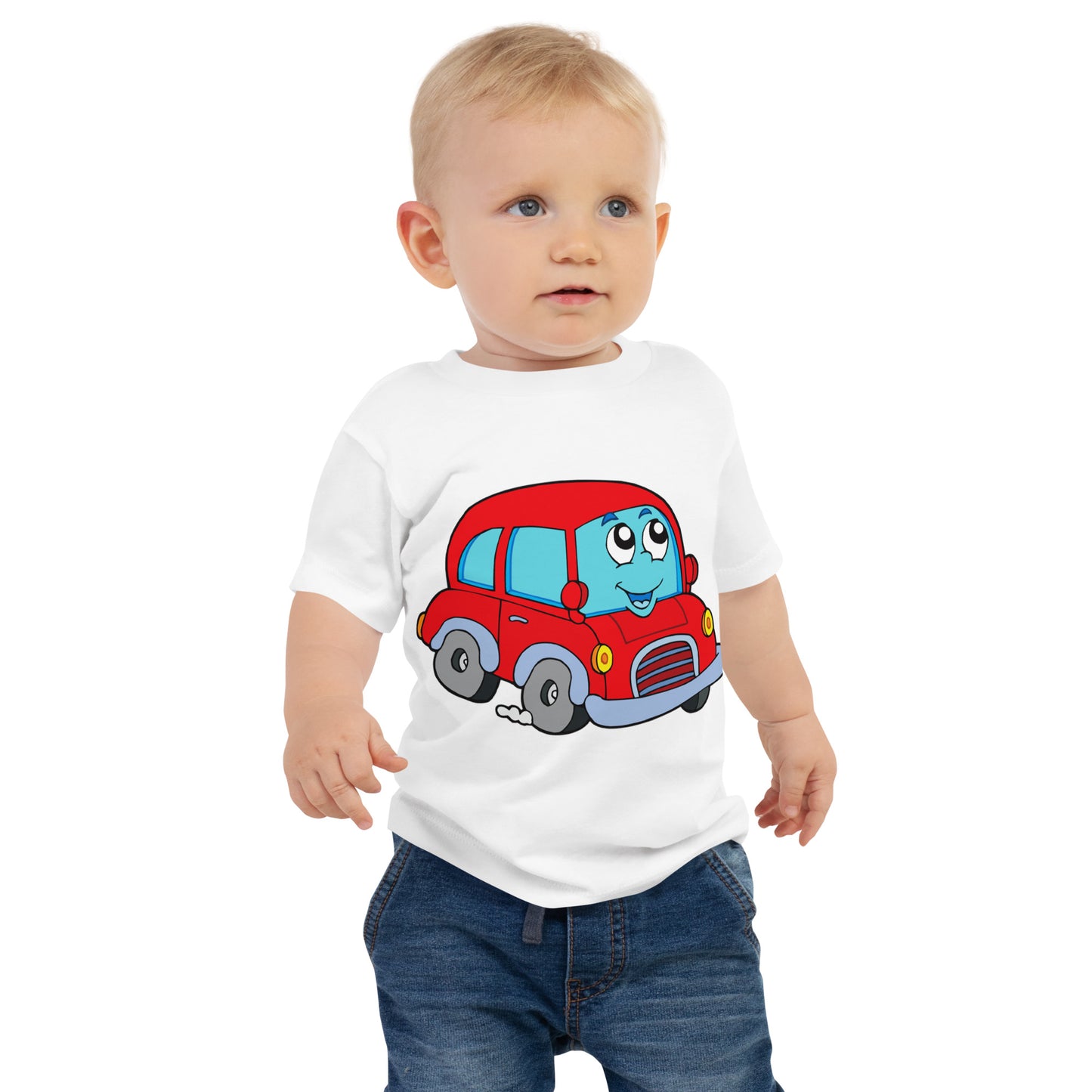 toddler with white short sleeve one piece with picture of a red car