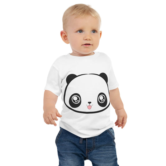Baby with white T-shirt with print of panda head