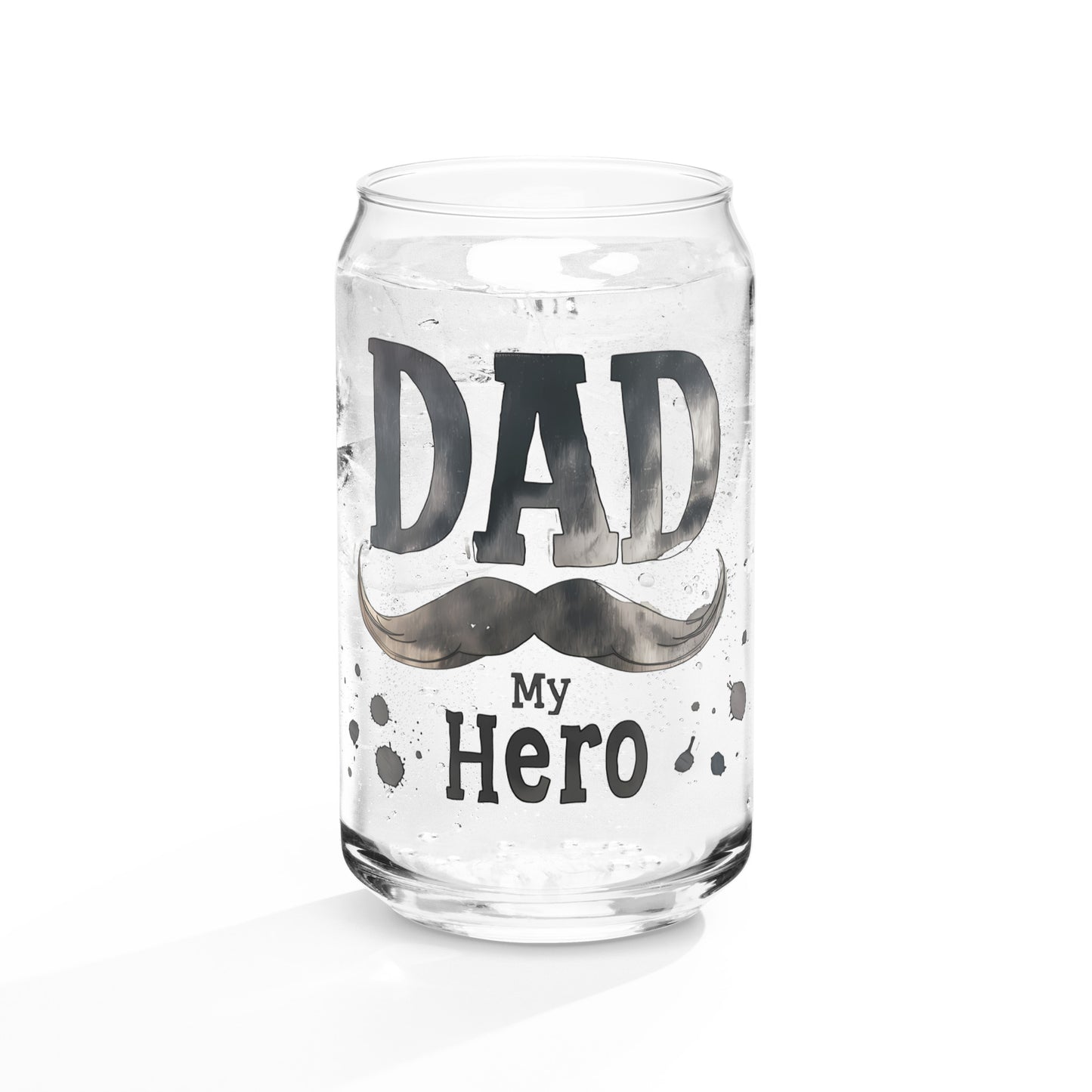 can shaped glass with text "Dad my Hero"