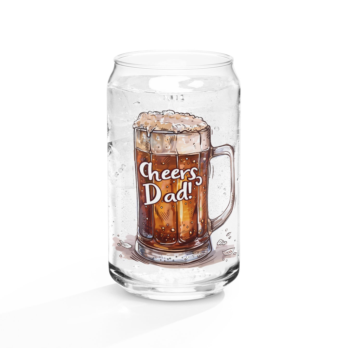 can shaped glass with picture of glass of beer with text "Cheers dad"