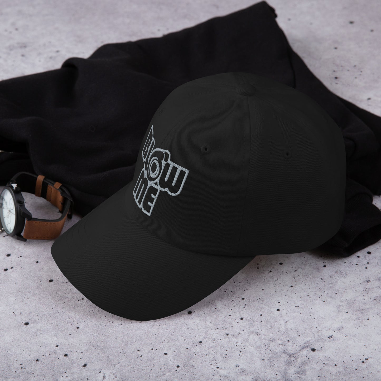 Black hat with the text Blow me, turbo compressor