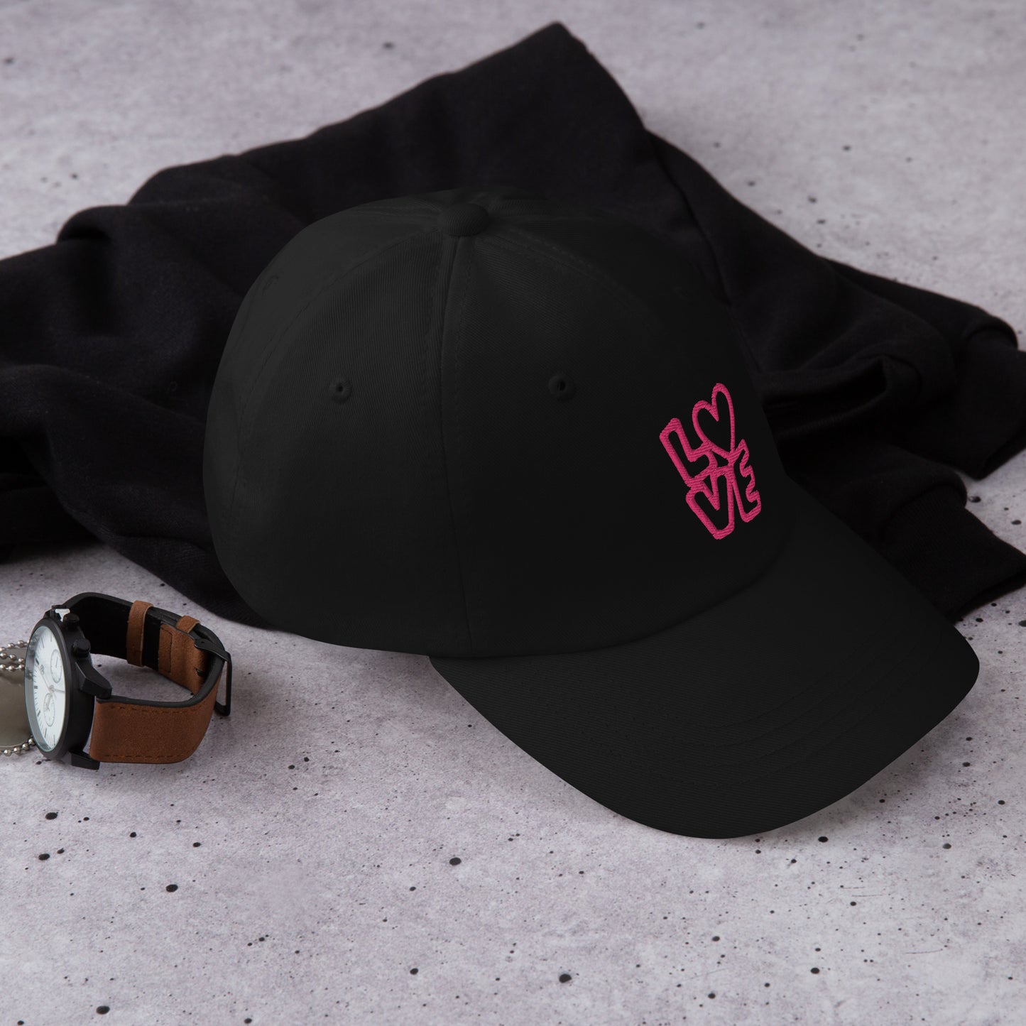 Black Hat with the pink letters LOVE with the O in heart shape