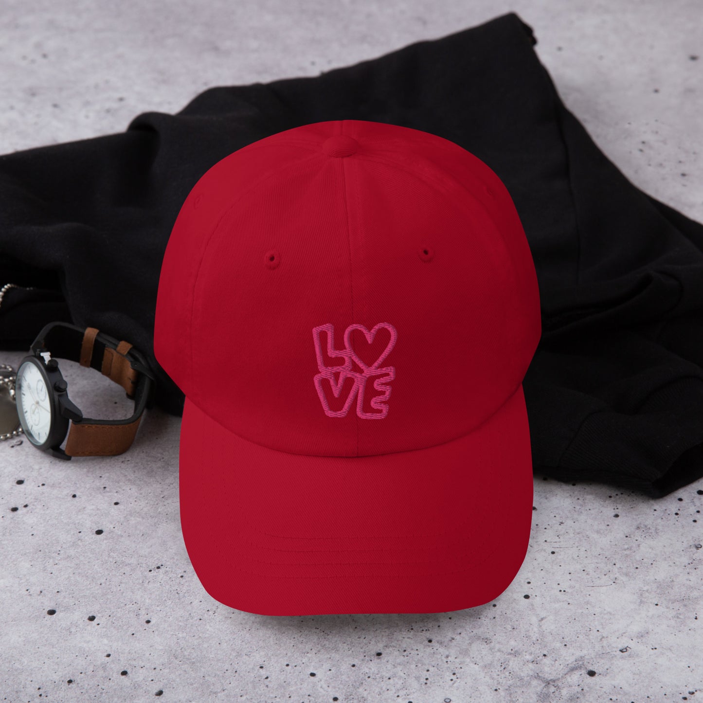Cranberry Hat with the pink letters LOVE with the O in heart shape