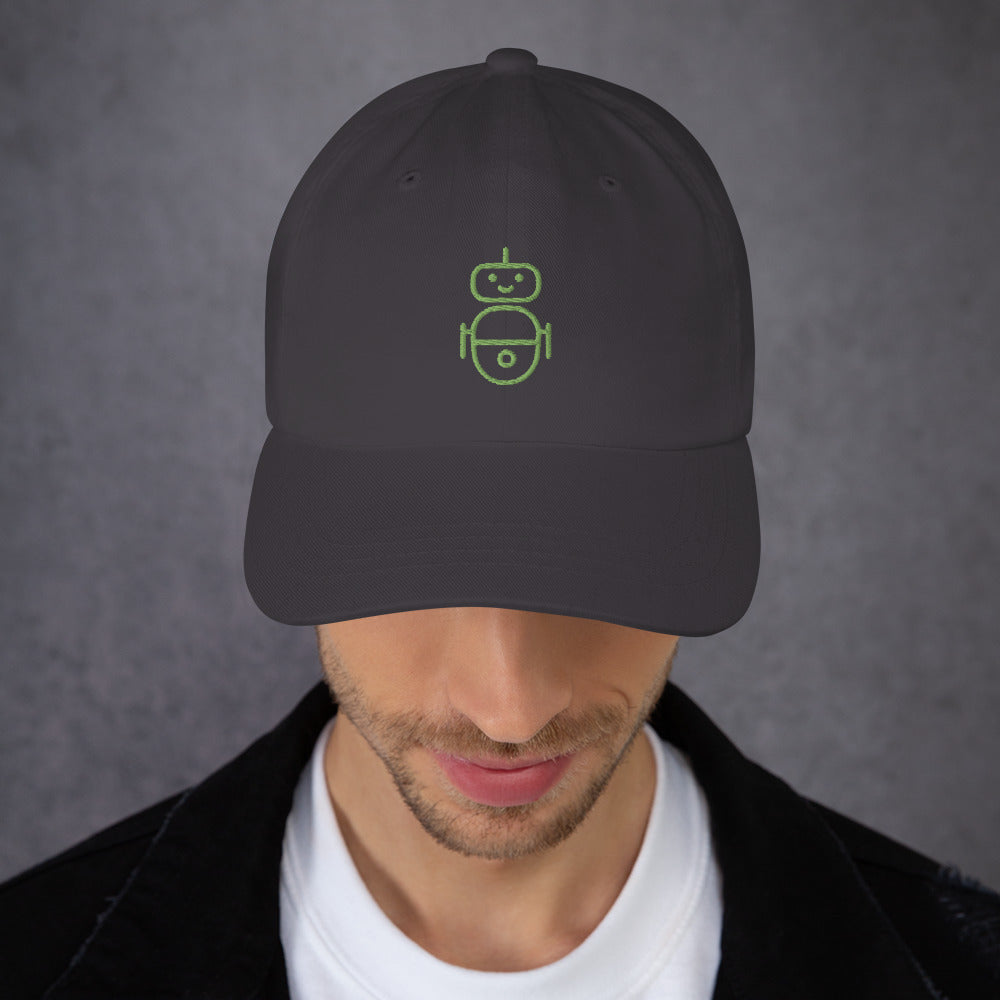Men with dark grey hat with in green Android logo