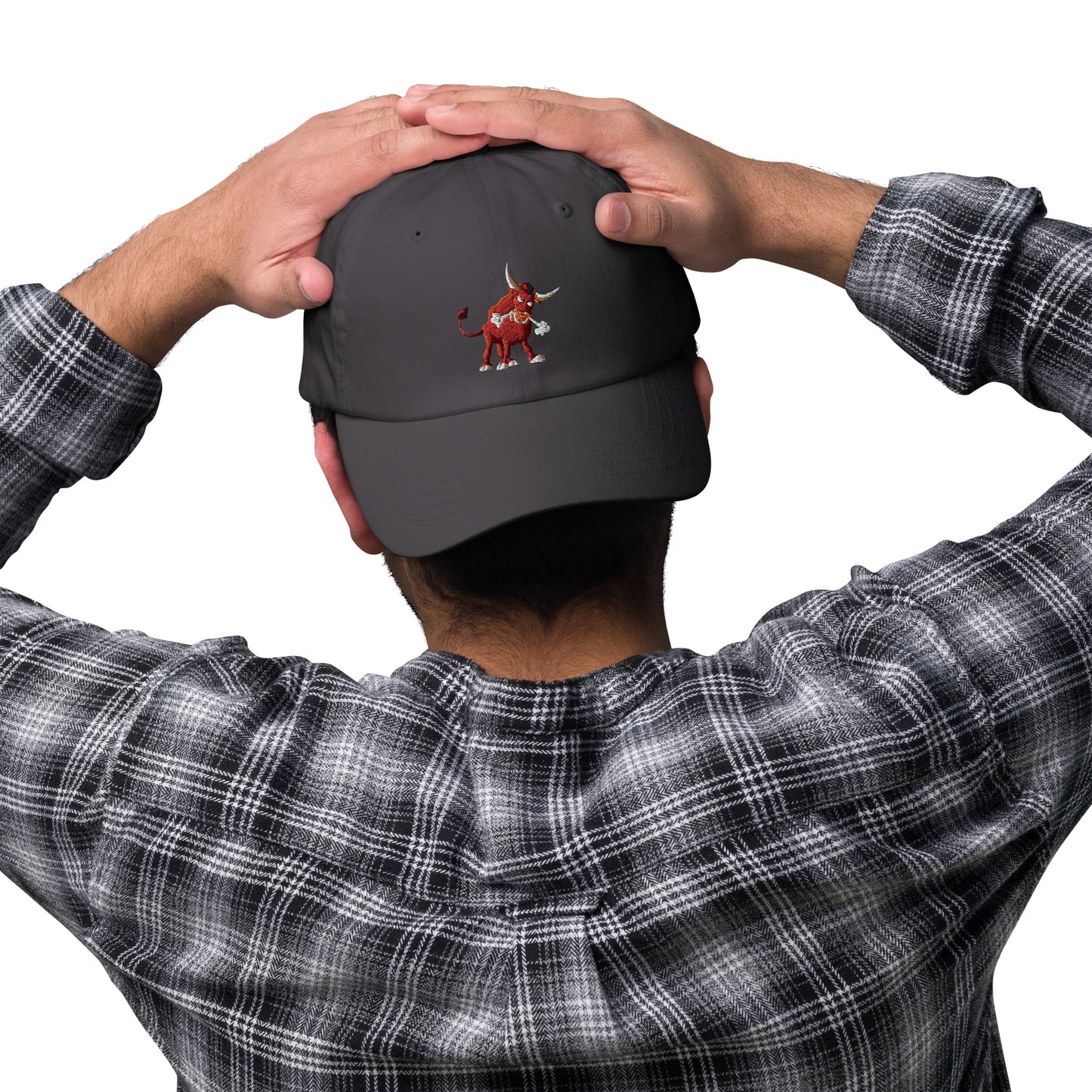 dark grey baseball cap with bull