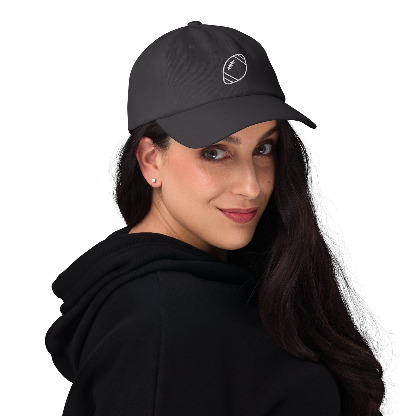 women with grey baseball cap with football