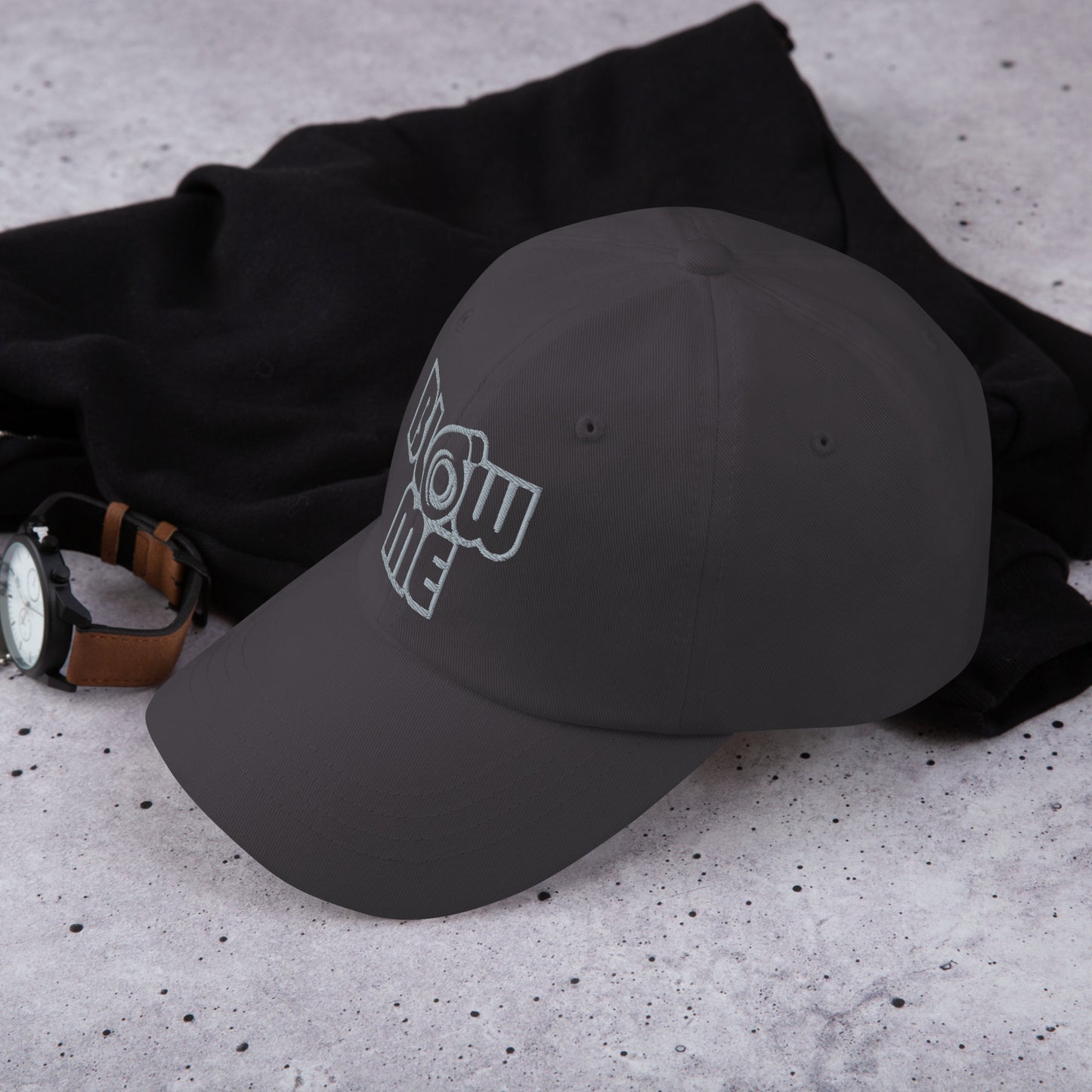 Dark grey hat with the text Blow me, turbo compressor