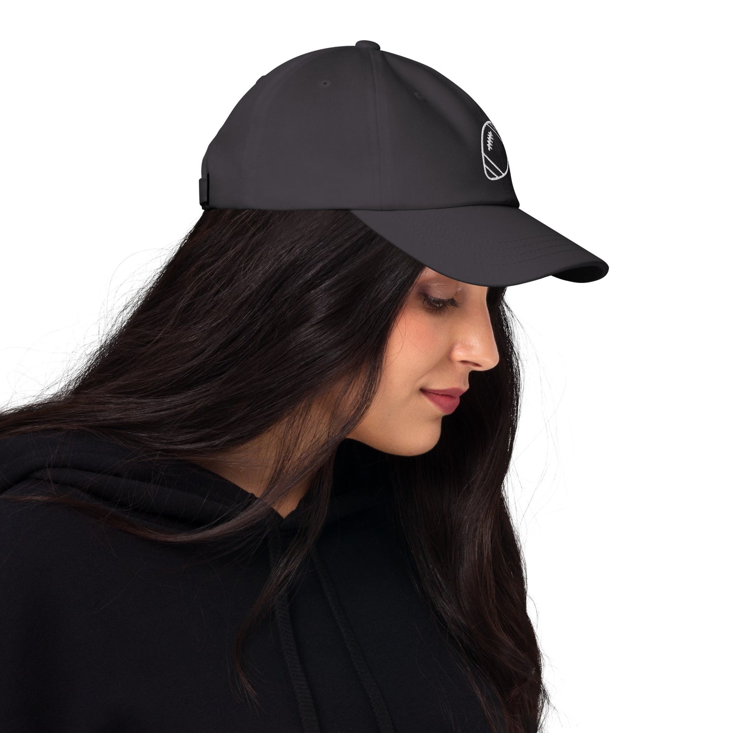 women with grey baseball cap with football