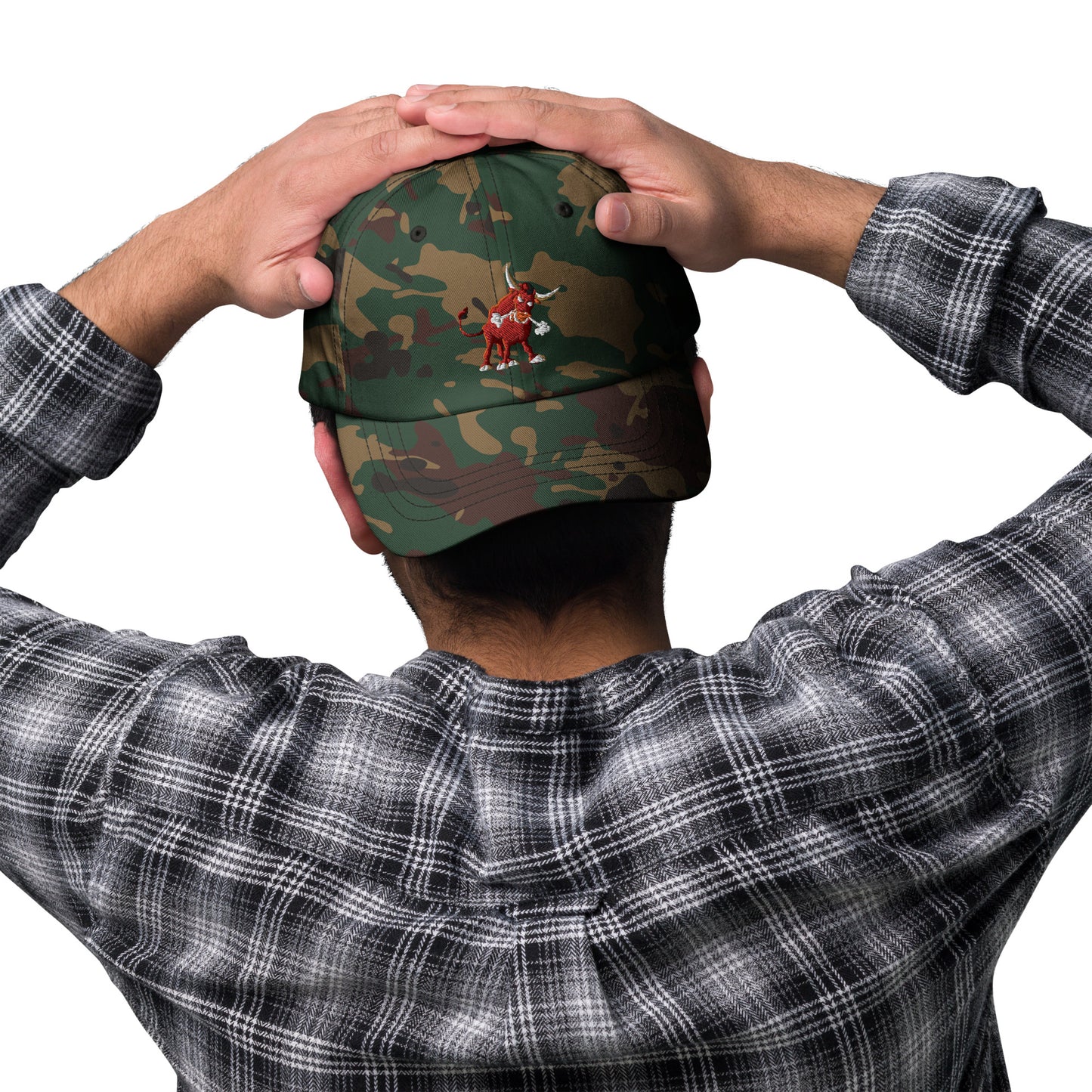 green camo baseball cap with bull