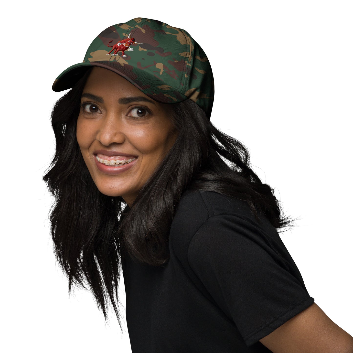 green camo baseball cap with bull