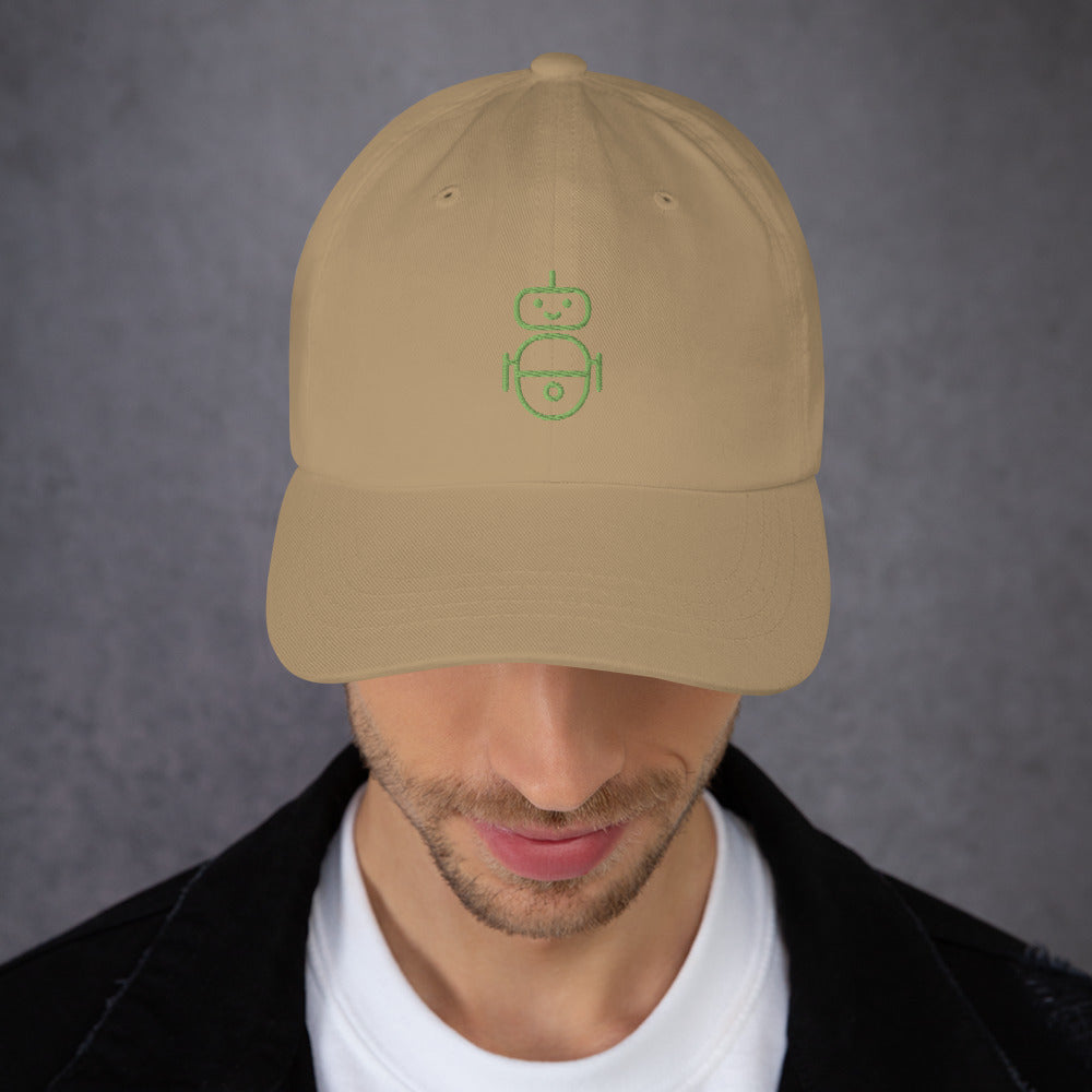 Men with khaki hat with in green Android logo
