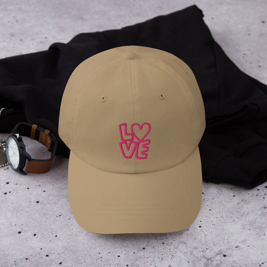 Khaki Hat with the pink letters LOVE with the O in heart shape