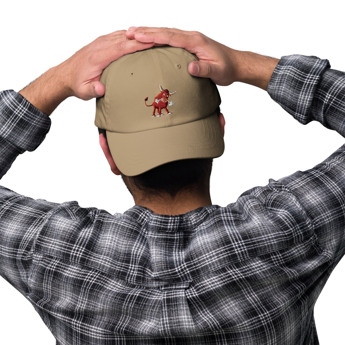 khaki baseball cap with bull