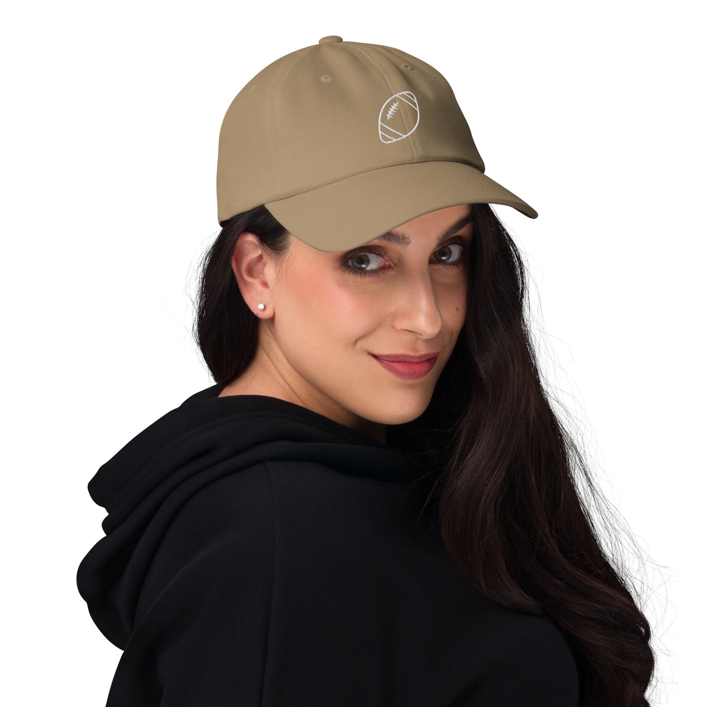 women with khaki baseball cap with football