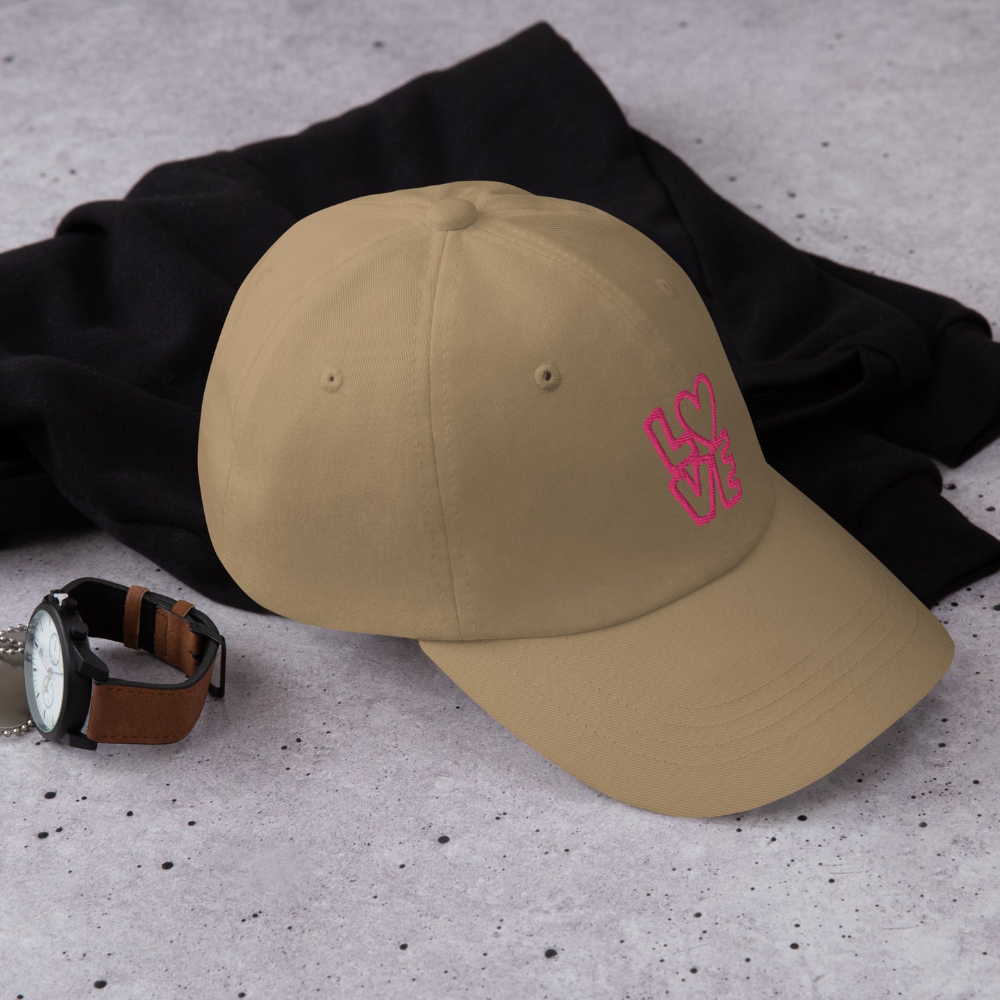 Khaki Hat with the pink letters LOVE with the O in heart shape