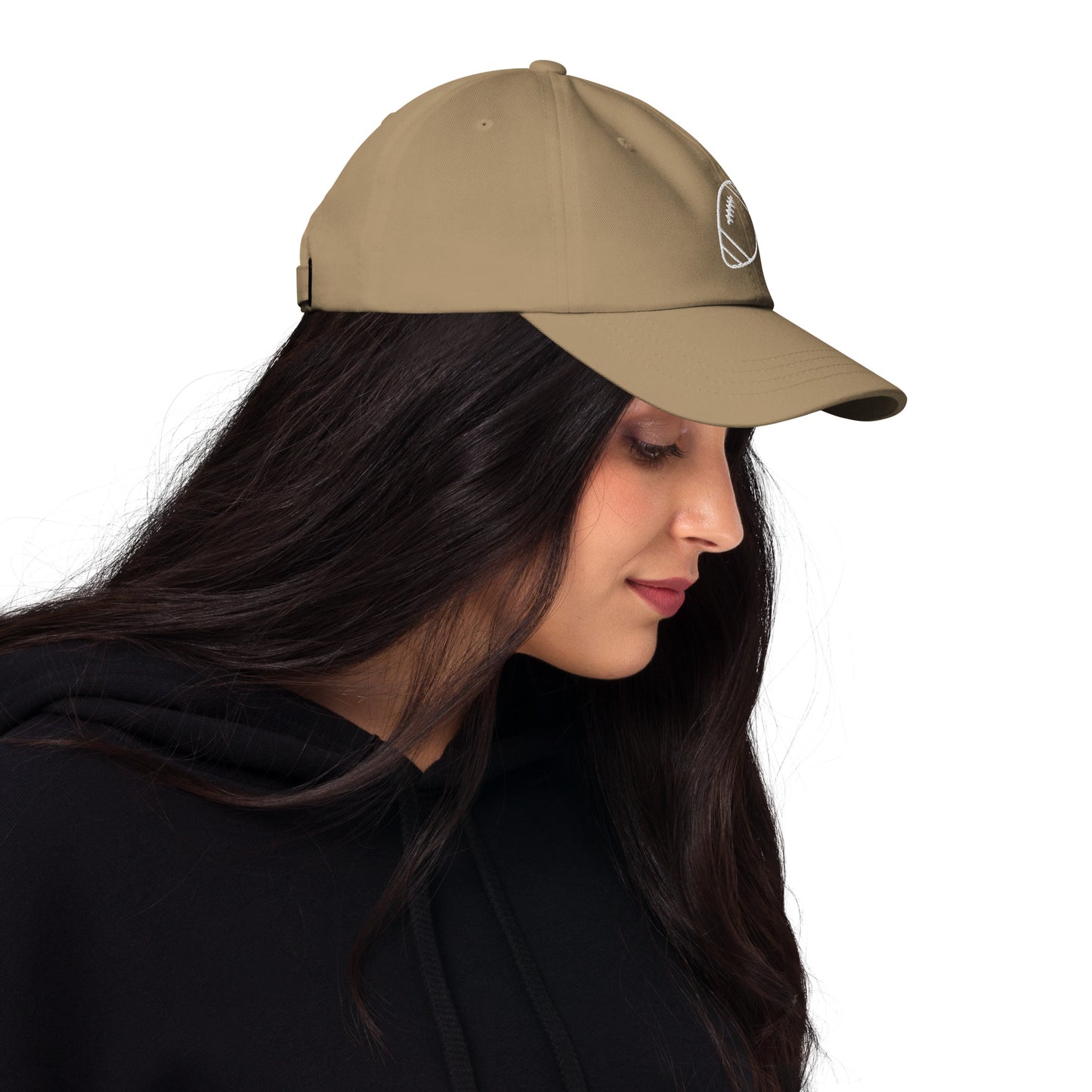 women with khaki baseball cap with football