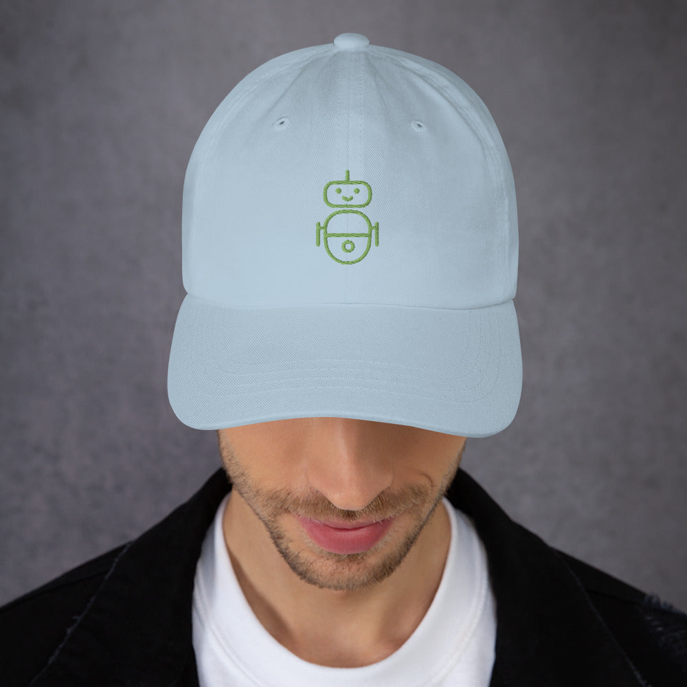 Men with light blue hat with in green Android logo