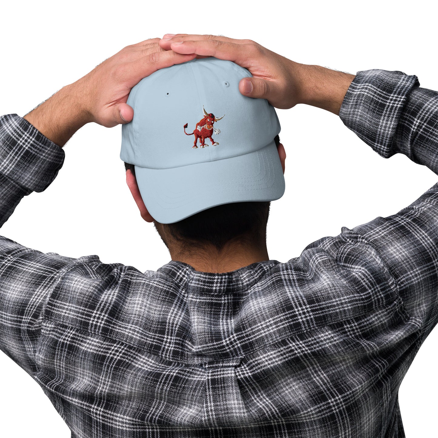 light blue baseball cap with bull