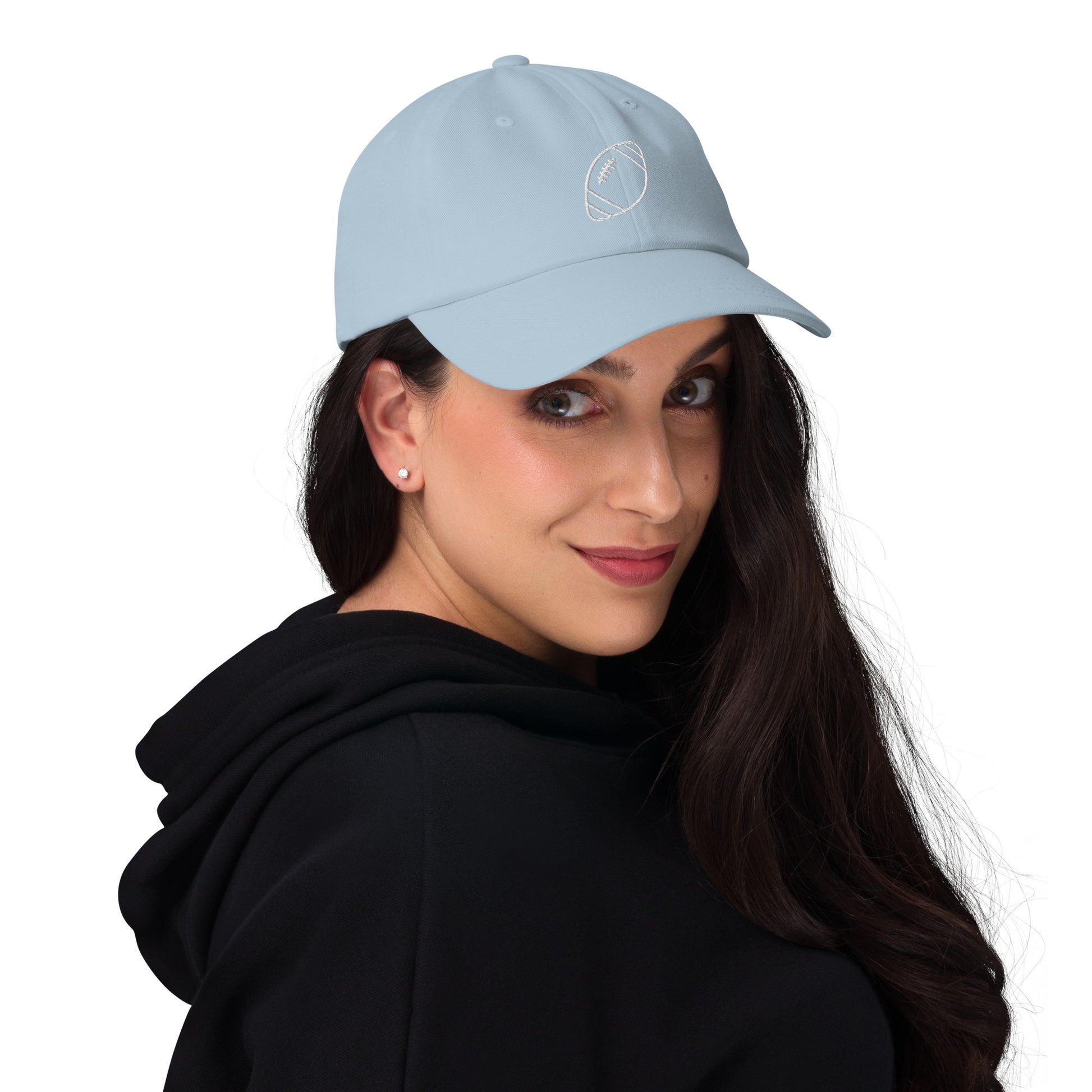 women with light blue baseball cap with football