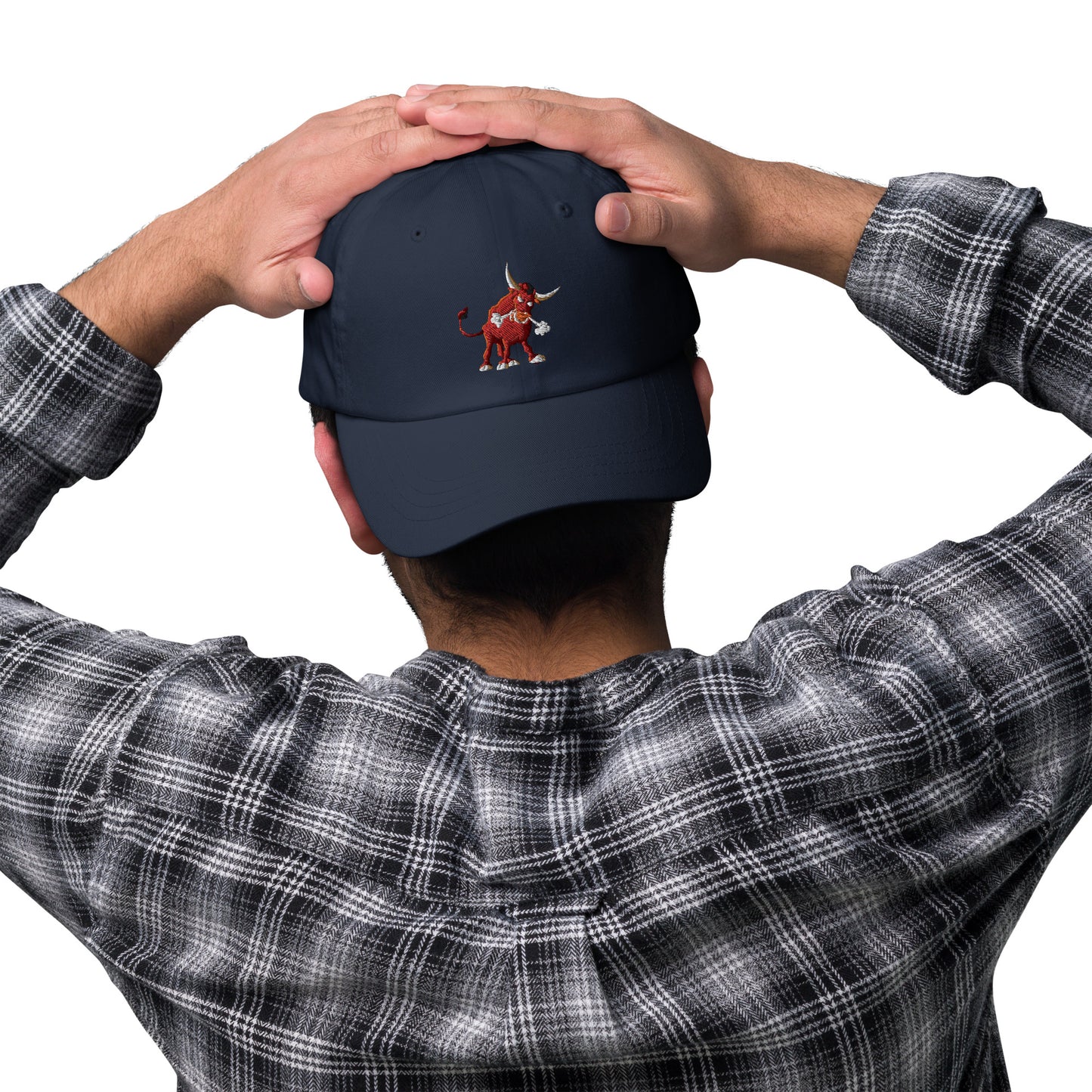 navy baseball cap with bull
