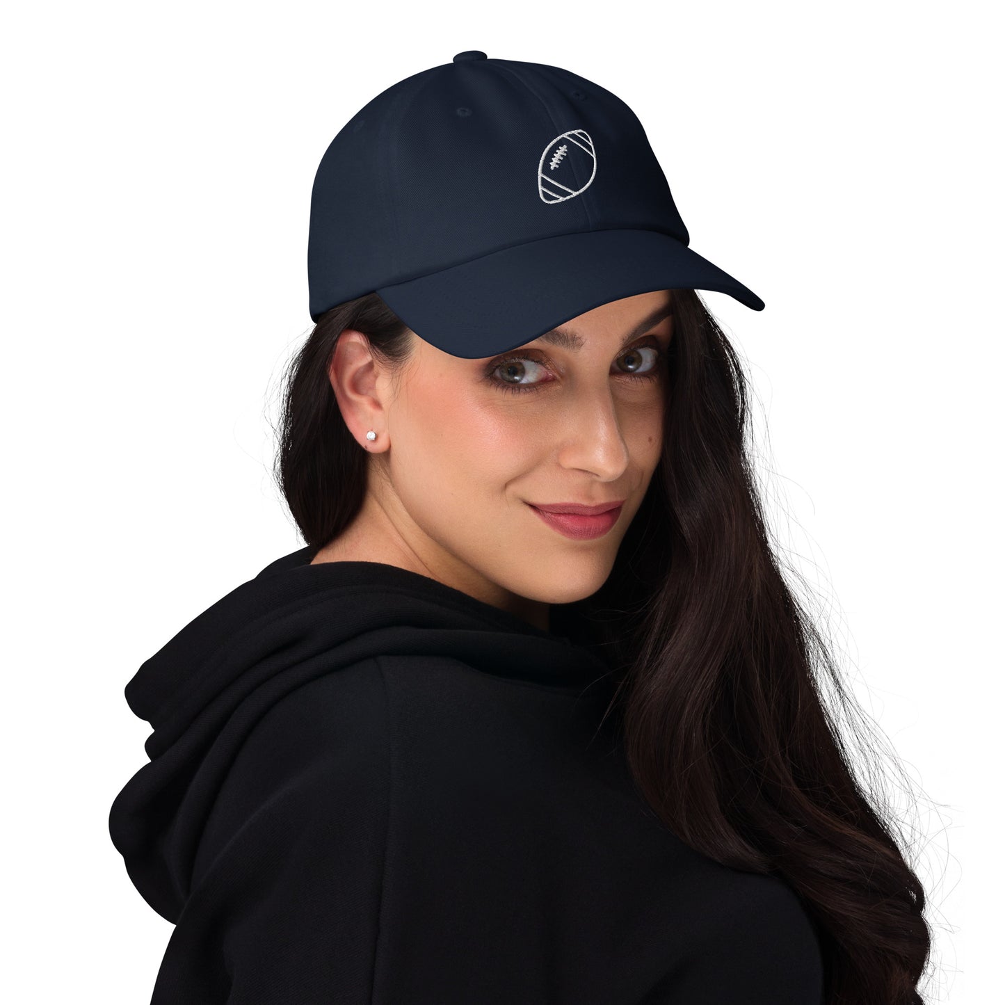 women with navy baseball cap with football