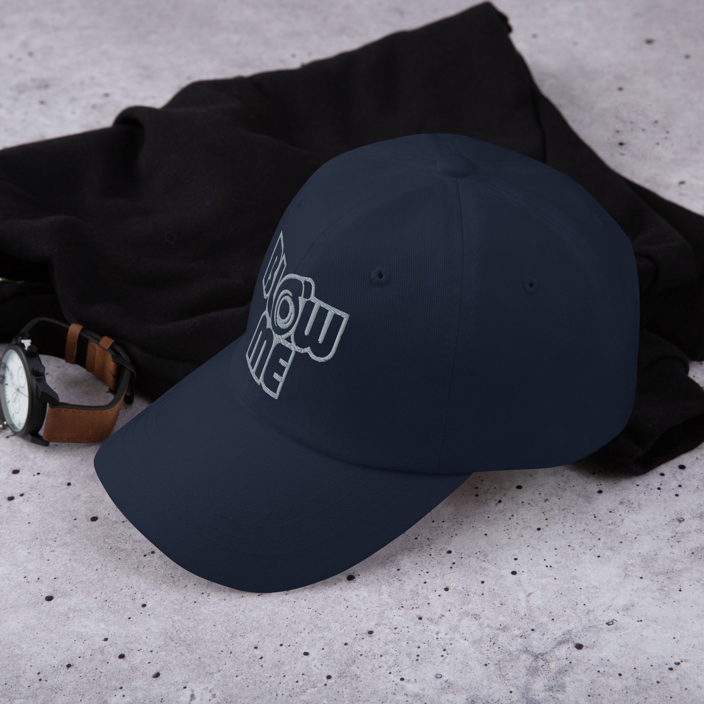Navy hat with the text Blow me, turbo compressor