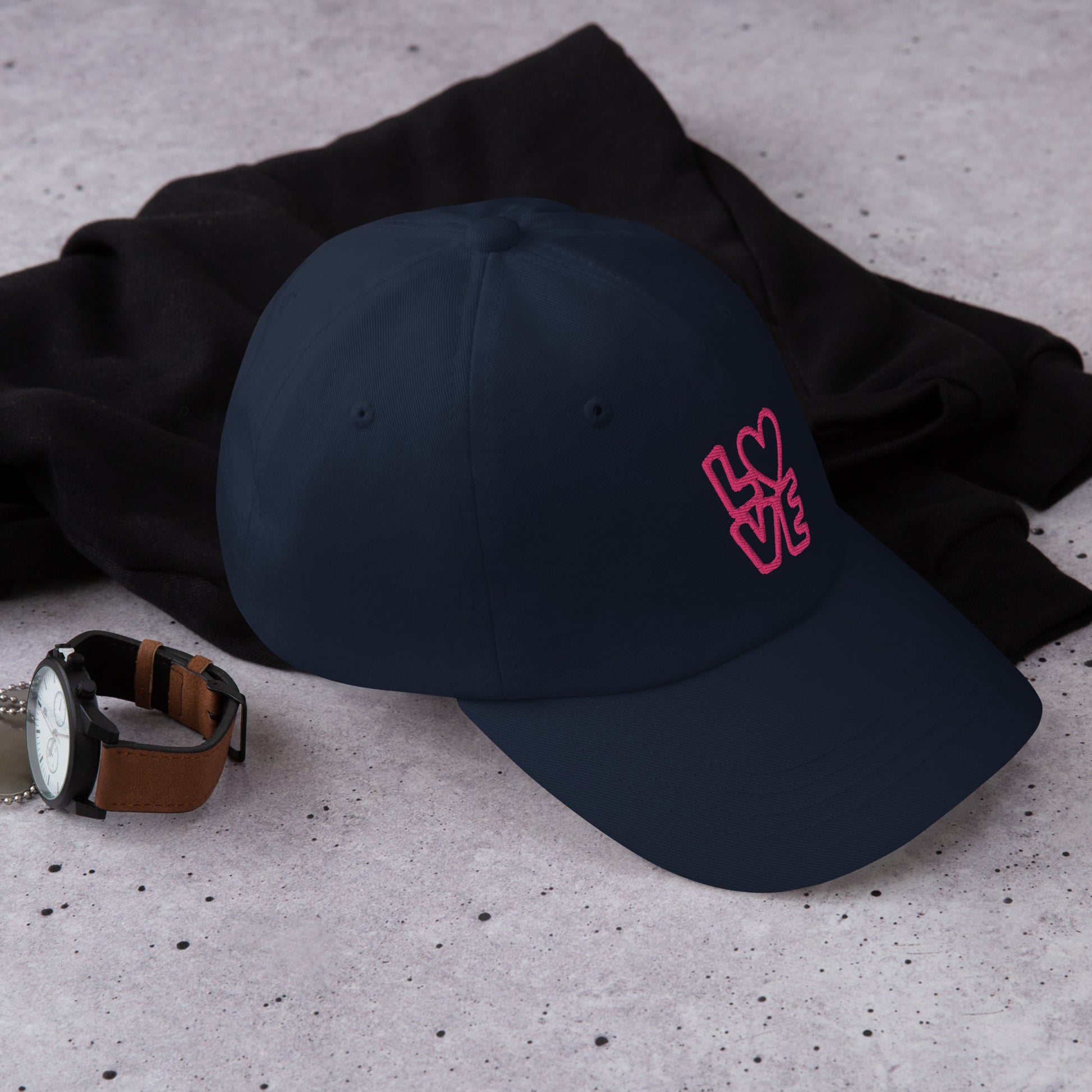 Navy Hat with the pink letters LOVE with the O in heart shape