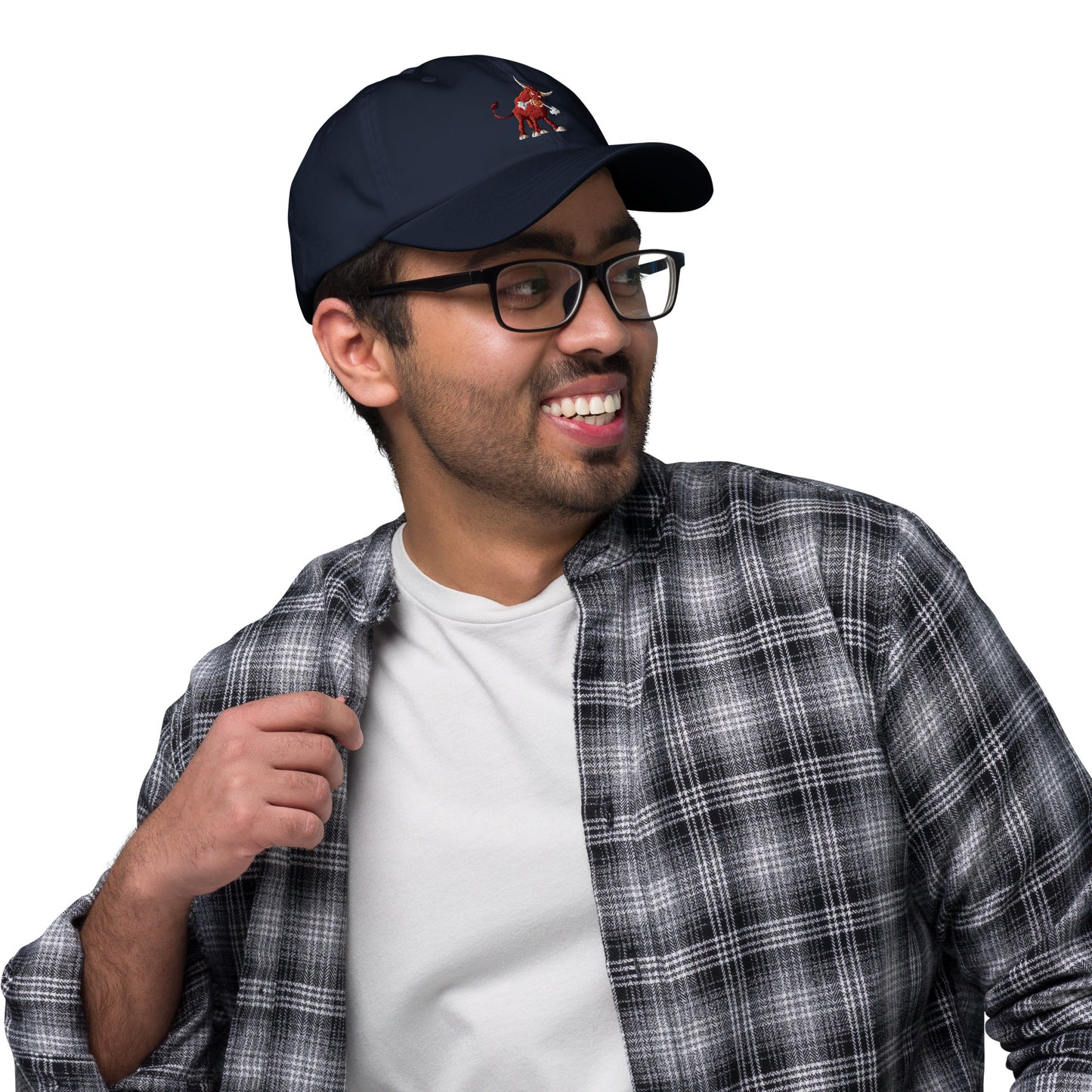 navy baseball cap with bull