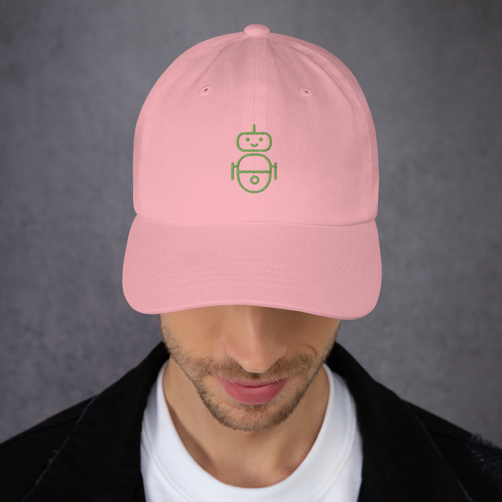 Men with pink hat with in green Android logo
