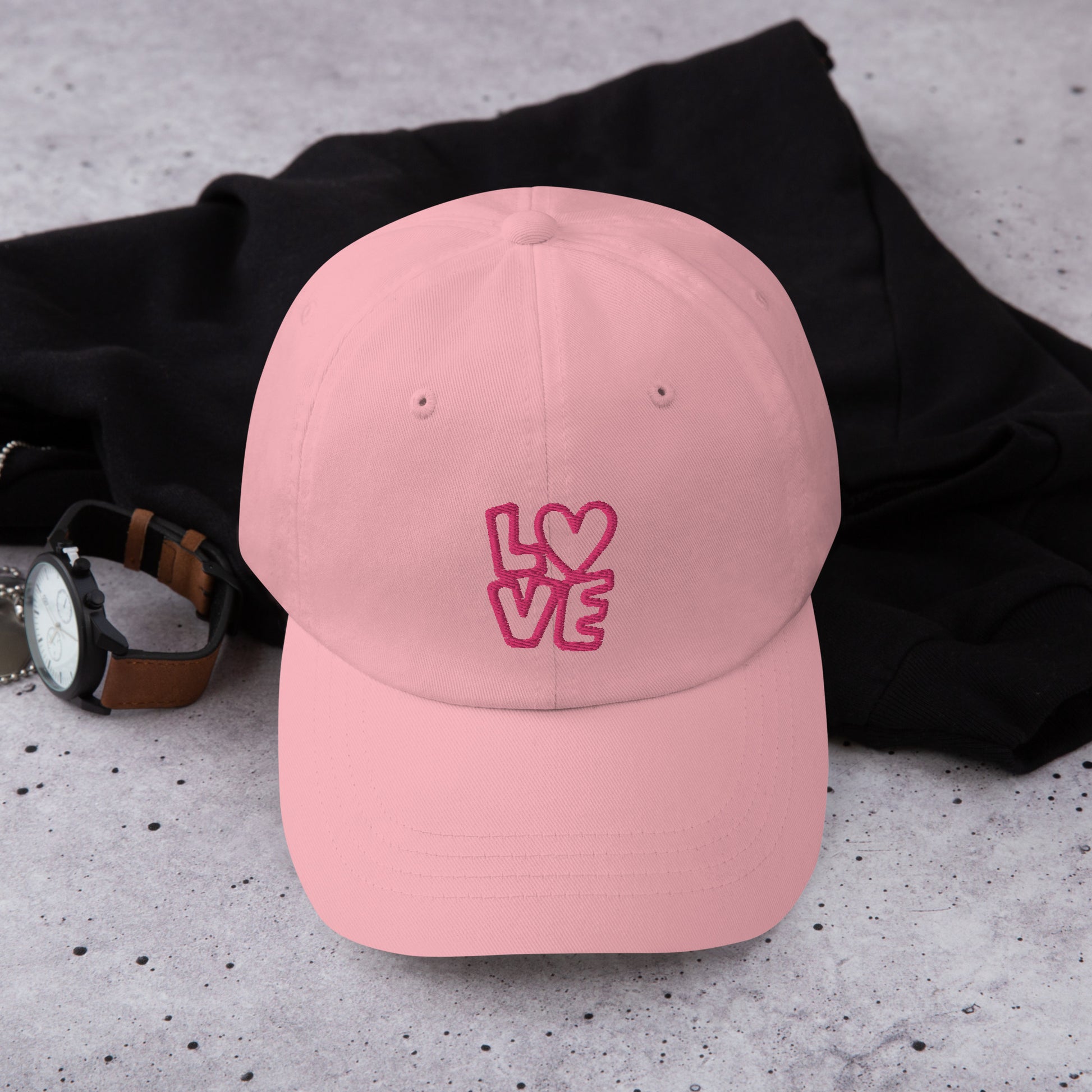 Pink Hat with the pink letters LOVE with the O in heart shape