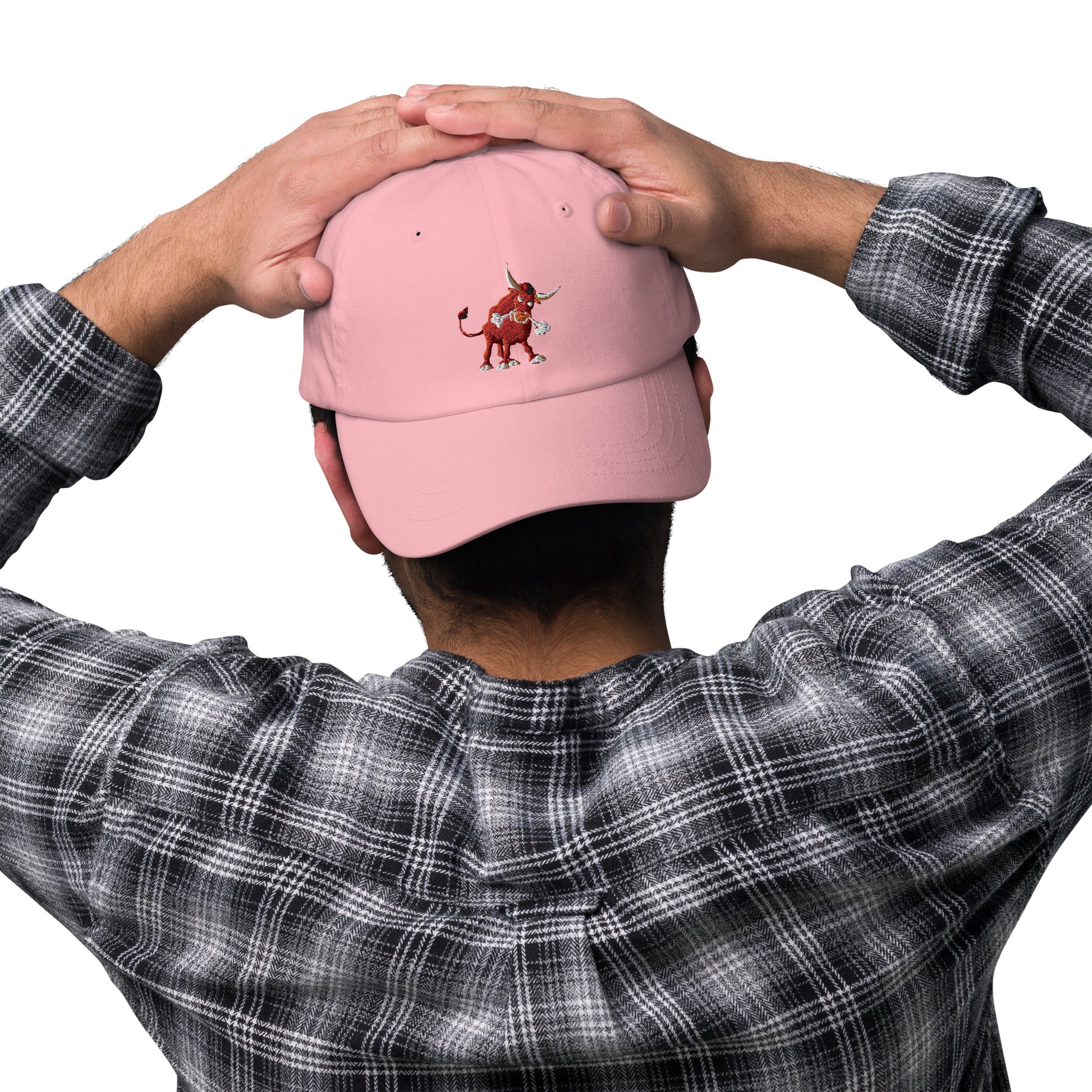 pink baseball cap with bull